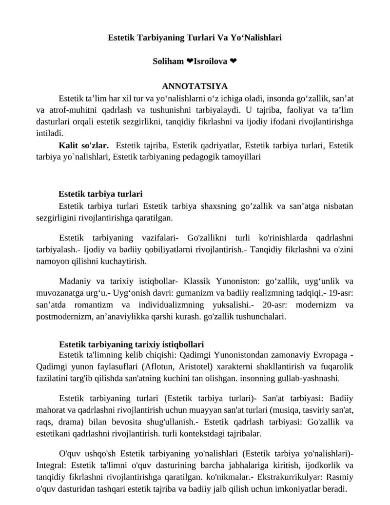 Estetik Tarbiyaning Turlari Va YoʻNalishlari 1