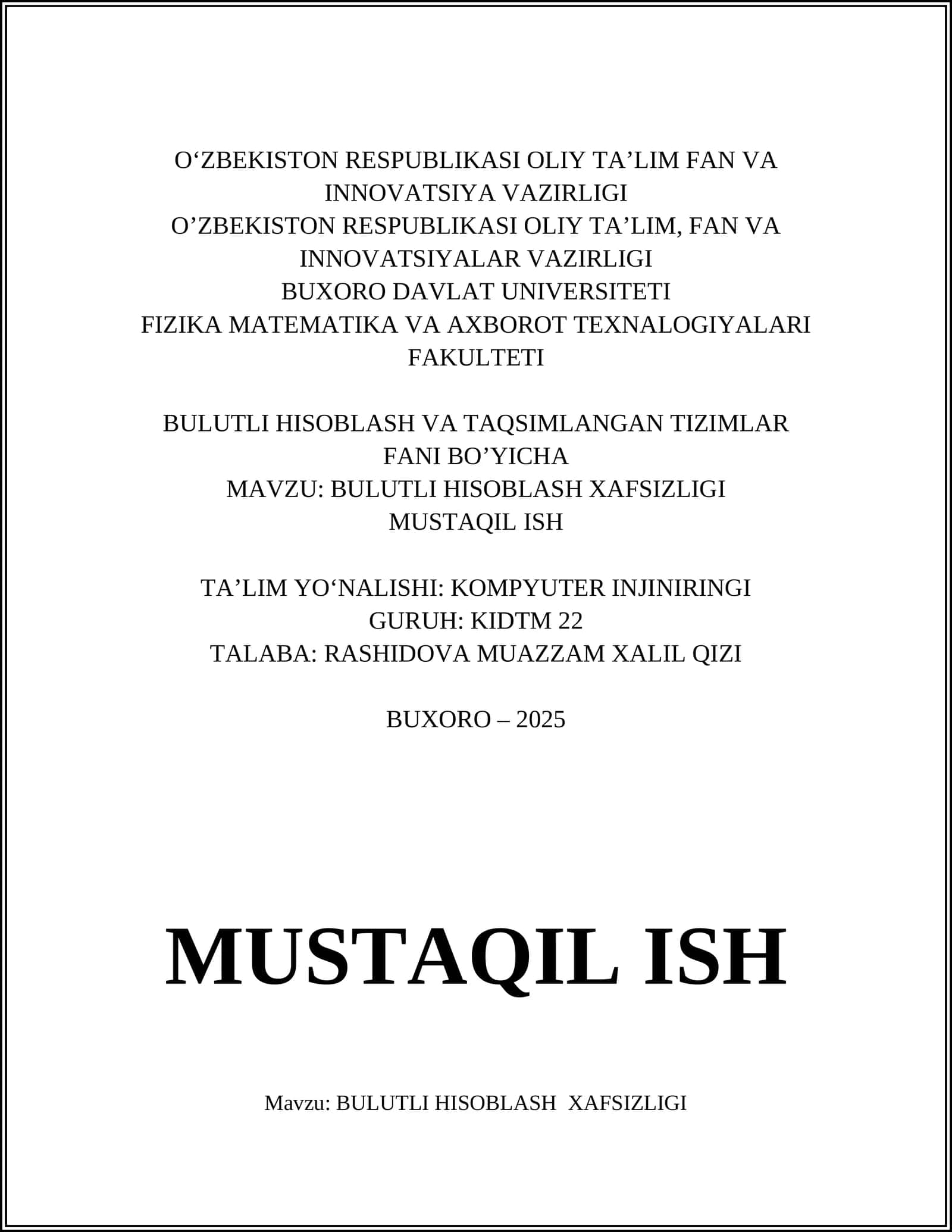 BULUTLI HISOBLASH XAFSIZLIGI 1