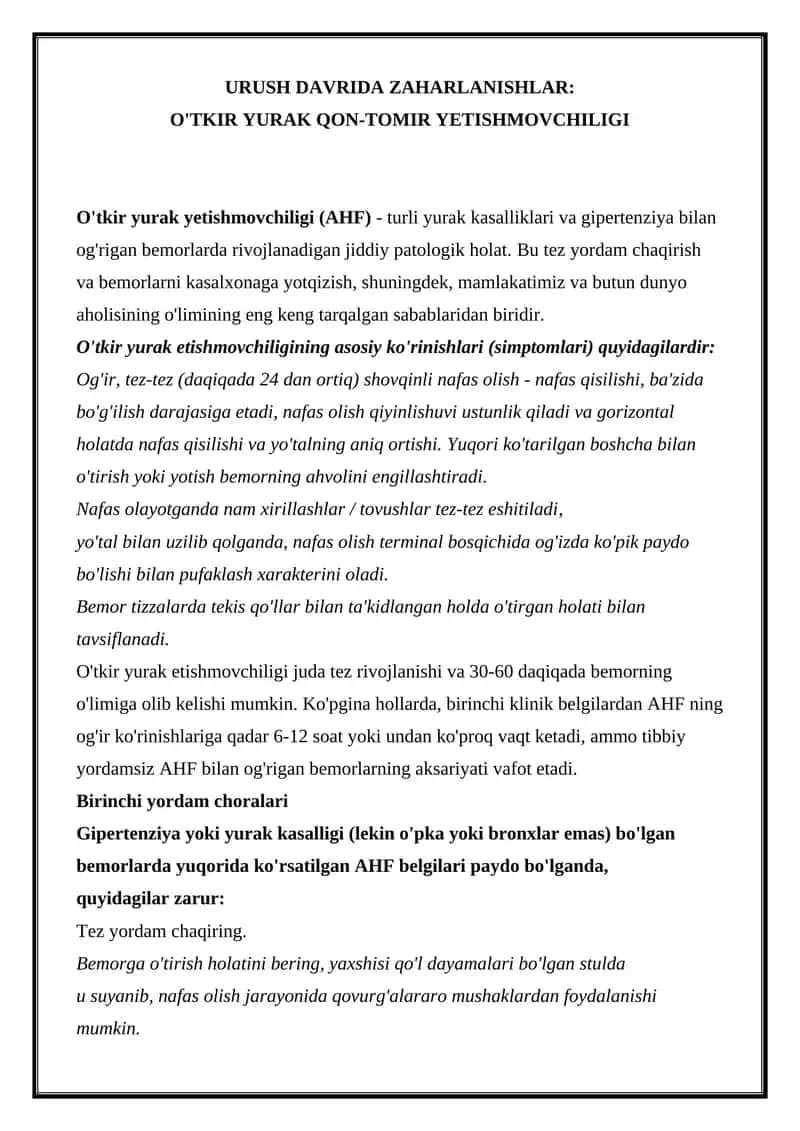 URUSH DAVRIDA ZAHARLANISHLAR:  O'TKIR YURAK QON-TOMIR YETISHMOVCHILIGI 1