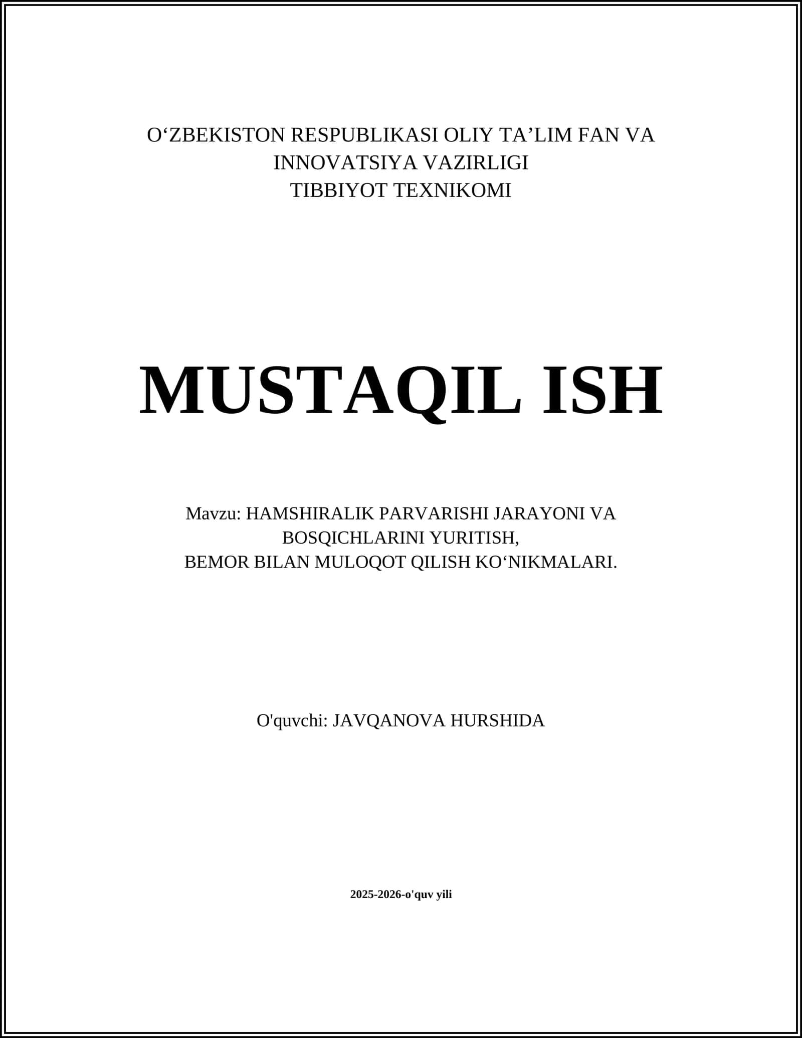 HAMSHIRALIK PARVARISHI JARAYONI VA BOSQICHLARINI YURITISH 1