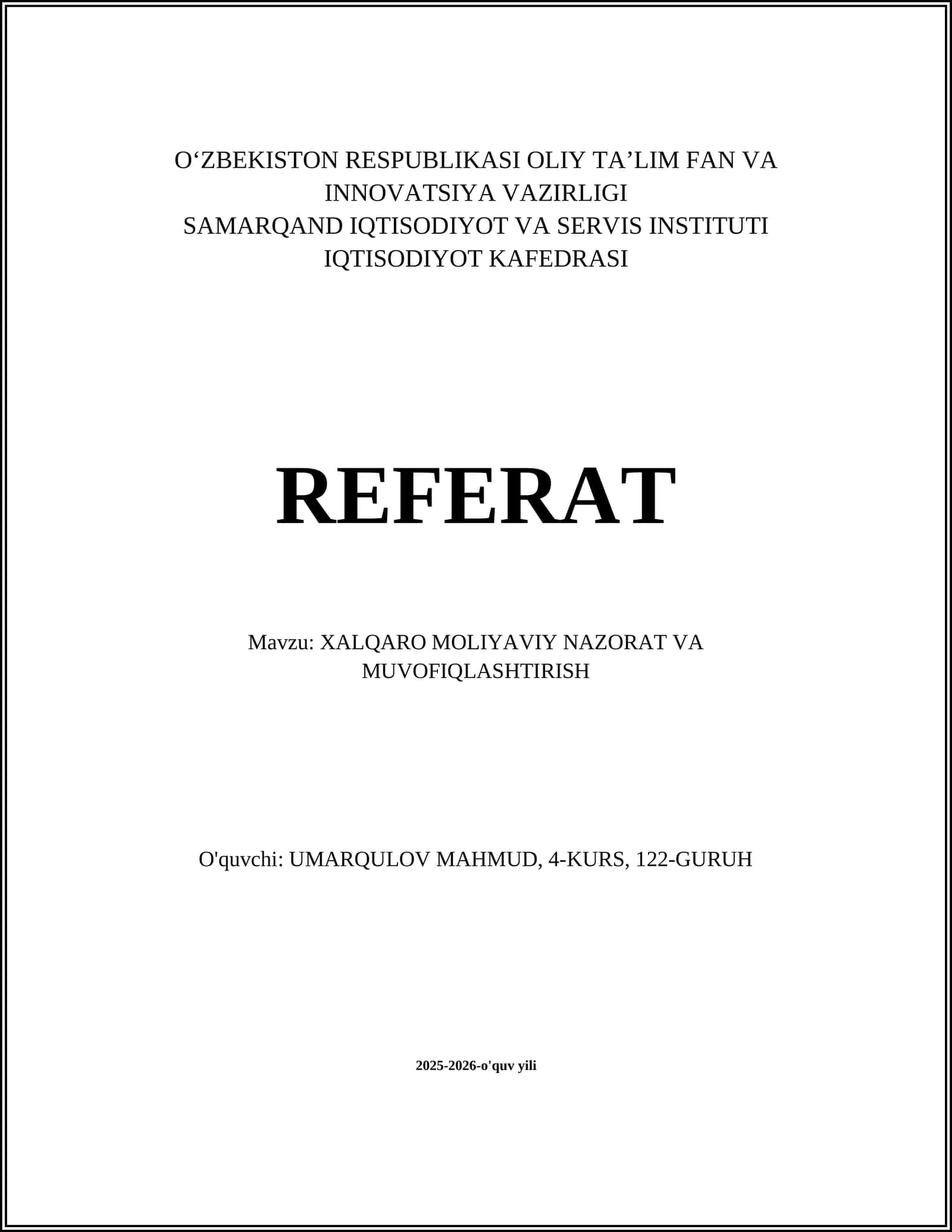 Xalqaro Moliyaviy Nazorat va Muvofiqlashtirish 1