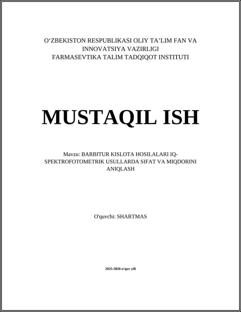 BARBITUR KISLOTA HOSILALARI IQ-SPEKTROFOTOMETRIK USULLARDA SIFAT VA MIQDORINI ANIQLASH 1