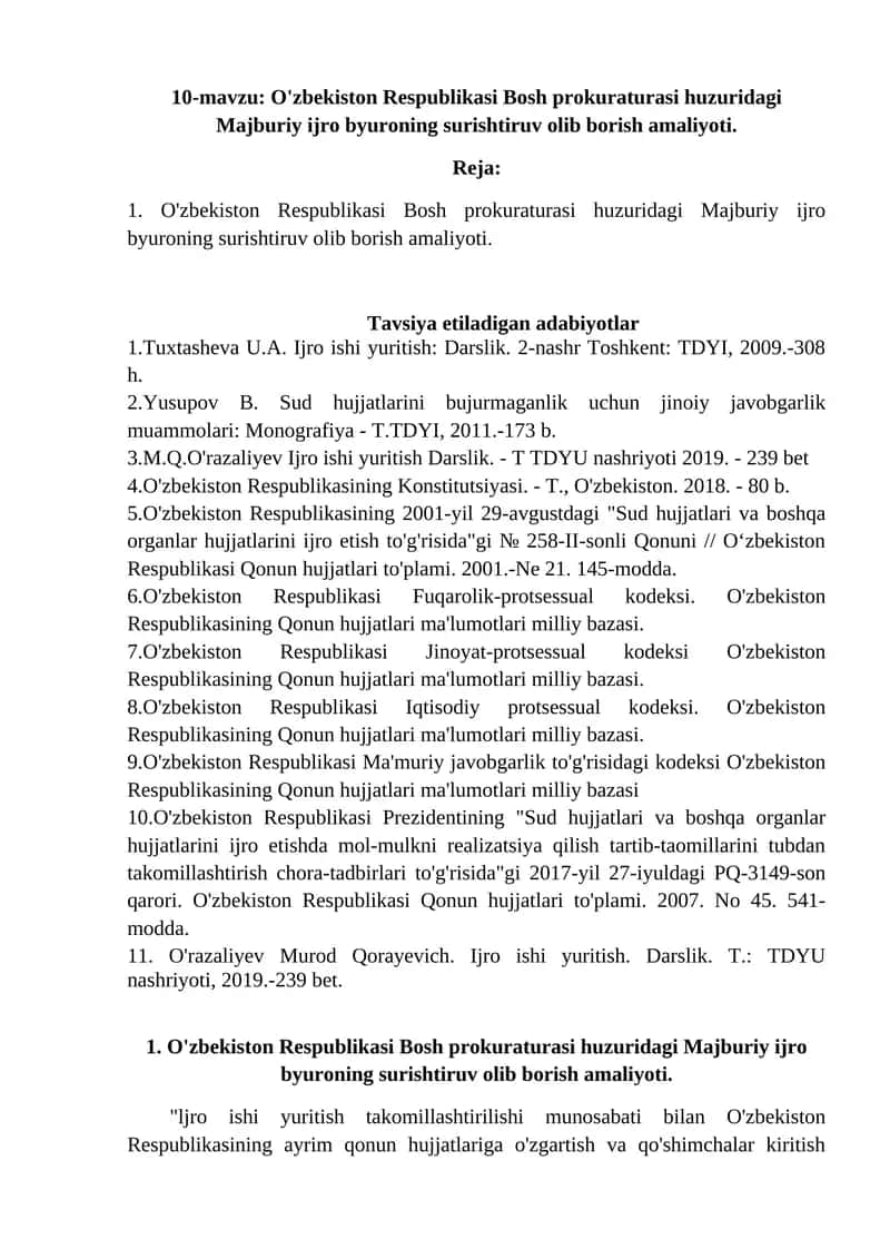 O'zbekiston Respublikasi Bosh prokuraturasi huzuridagi Majburiy ijro byuroning surishtiruv olib borish amaliyoti 1