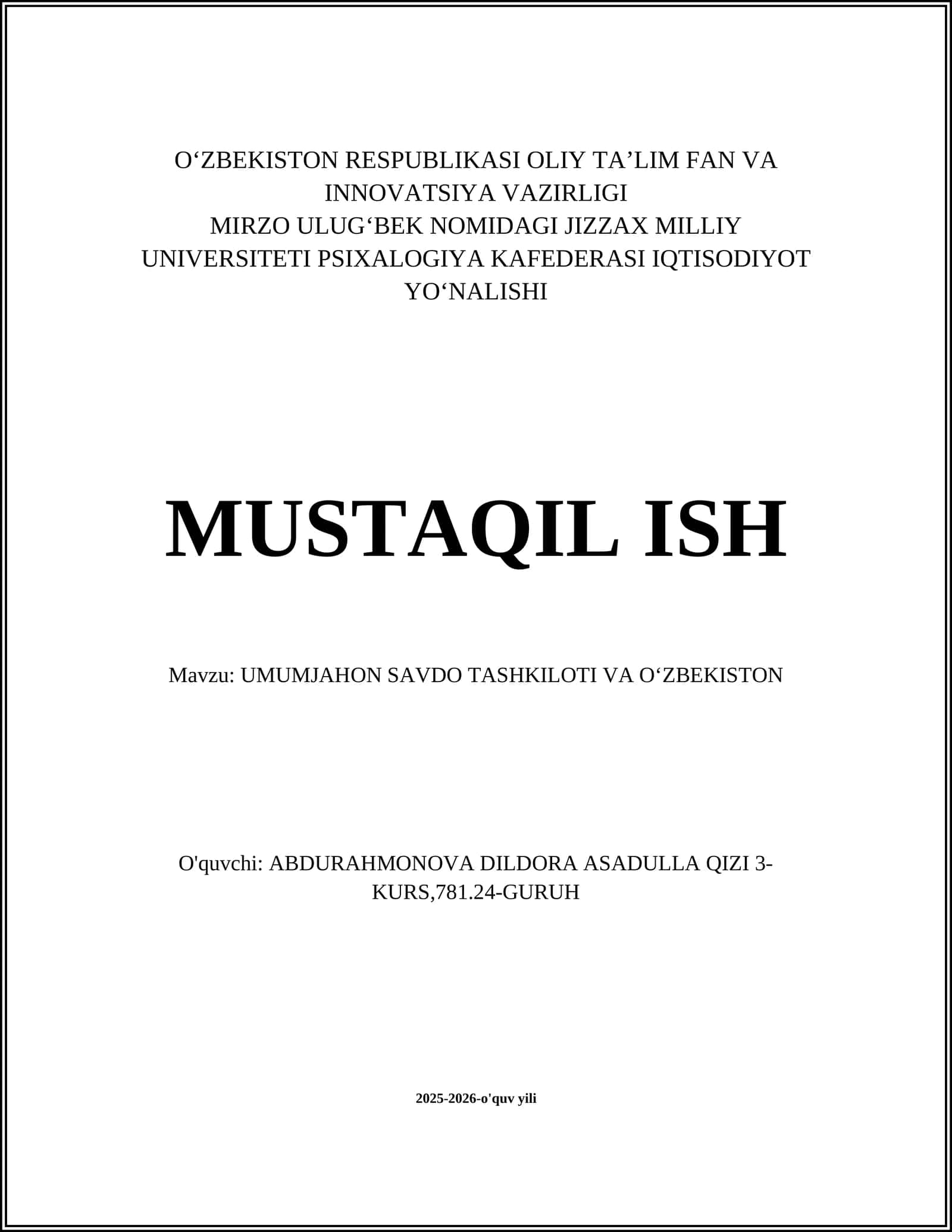 UMUMJAHON SAVDO TASHKILOTI VA OʻZBEKISTON 1
