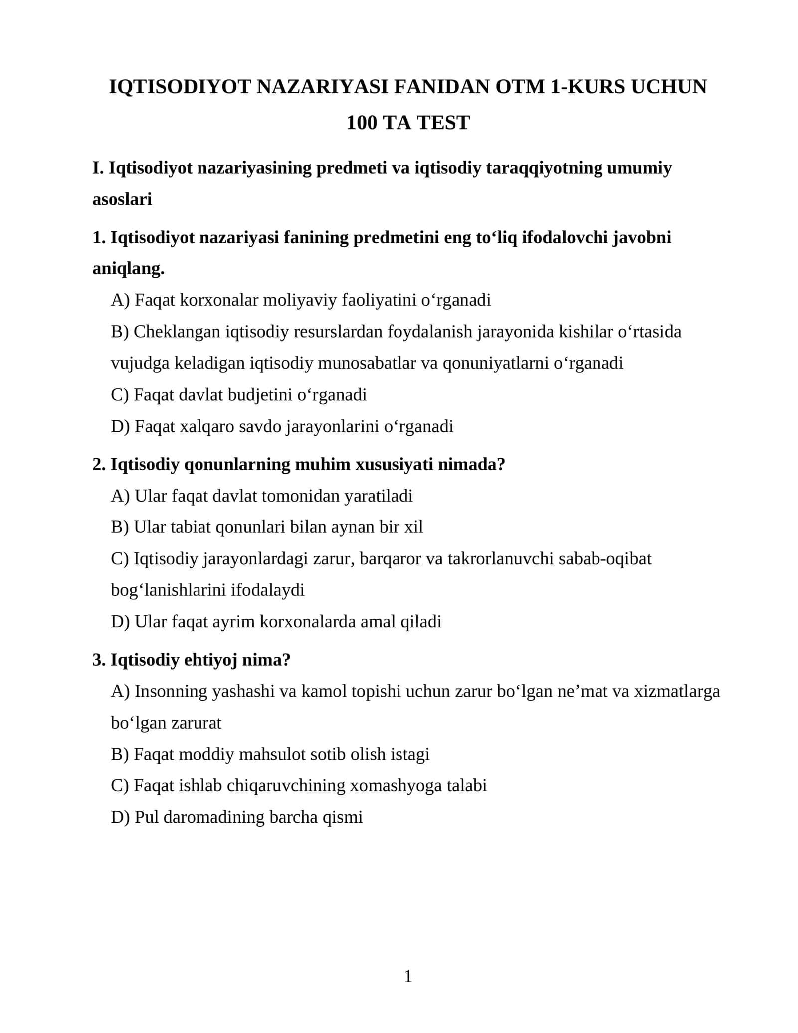 IQTISODIYOT NAZARIYASI FANIDAN OTM 1-KURS UCHUN 100 TA TEST 1