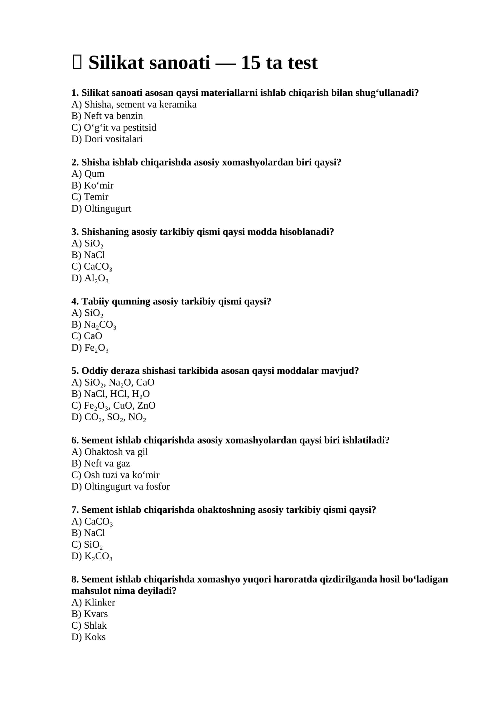 Silikat sanoati — 15 ta test 1