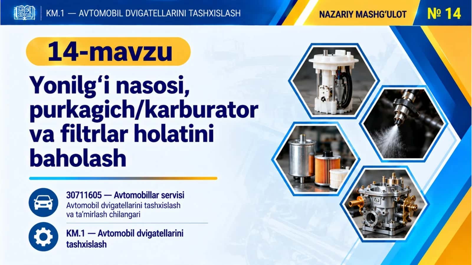 KM1_14-mavzu. Yonilg‘i nasosi, purkagich,karburator va filtrlar holatini baholash 1