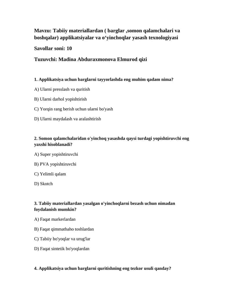 Tabiiy materiallardan (barglar, somon qalamchalari va boshqalar) applikatsiyalar va oʻyinchoqlar yasash texnologiyasi 1