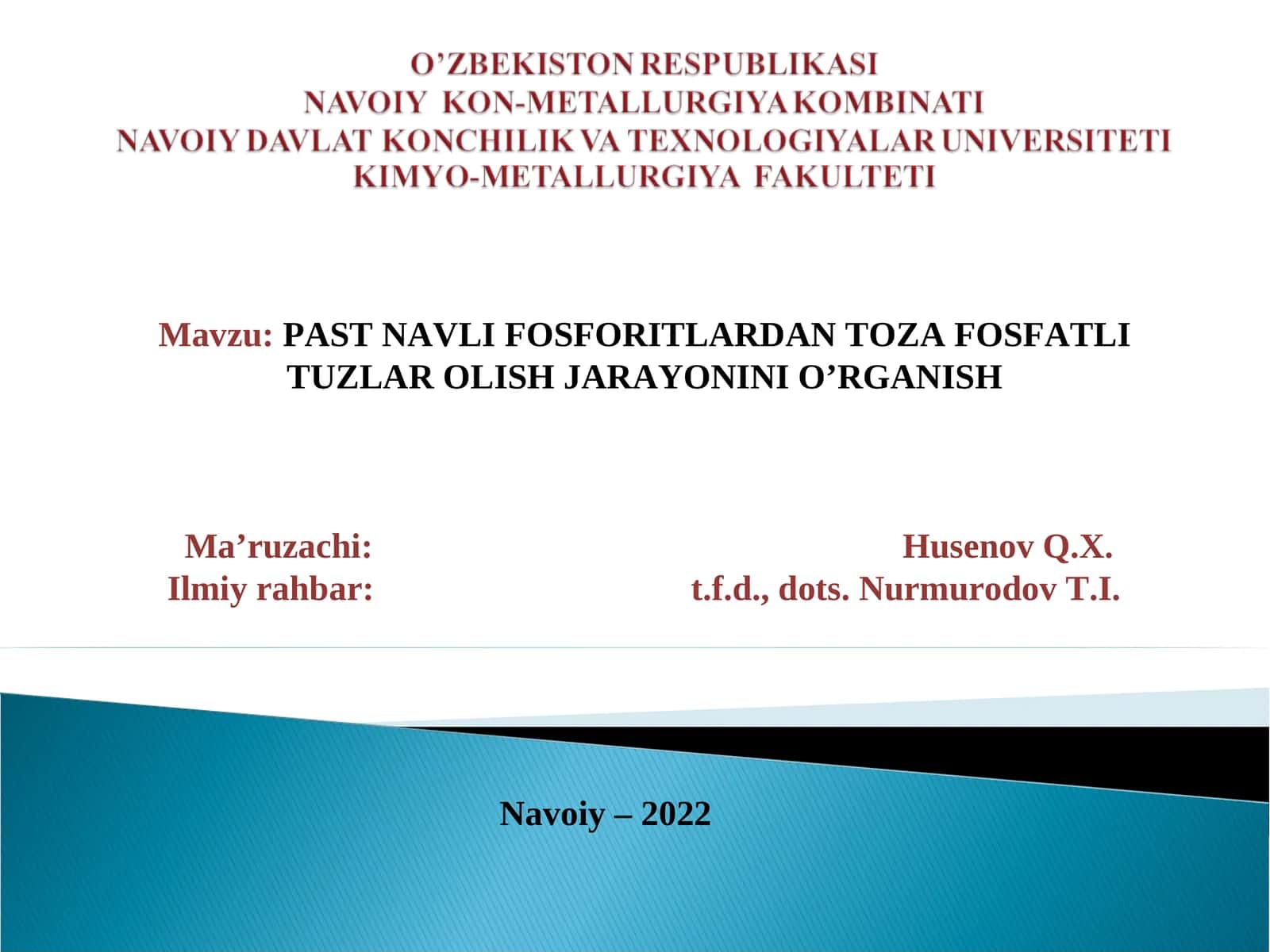 PAST NAVLI FOSFORITLARDAN TOZA FOSFATLI TUZLAR OLISH JARAYONINI O’RGANISH 1
