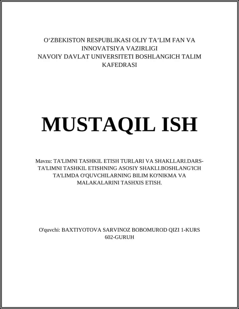 TA'LIMNI TASHKIL ETISH TURLARI VA SHAKLLARI 1