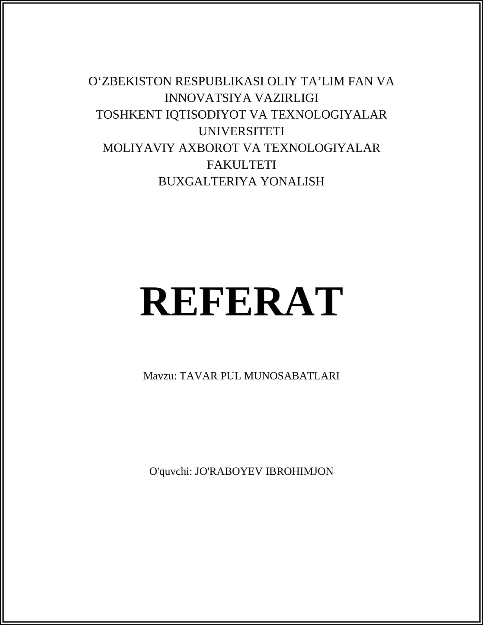 TAVAR PUL MUNOSABATLARI 1