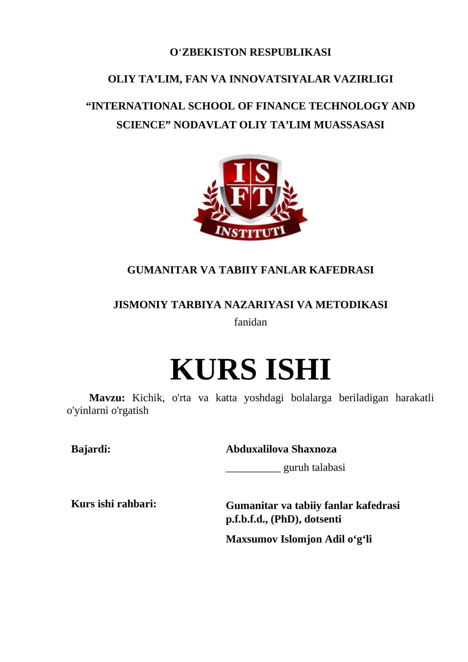 Kichik, o'rta va katta yoshdagi bolalarga beriladigan harakatli o'yinlarni o'rgatish 1