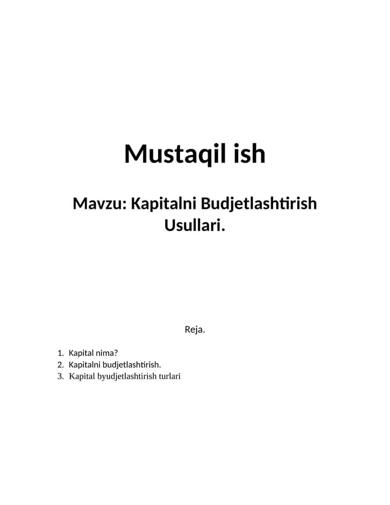 Kapitalni Budjetlashtirish Usullari. 1
