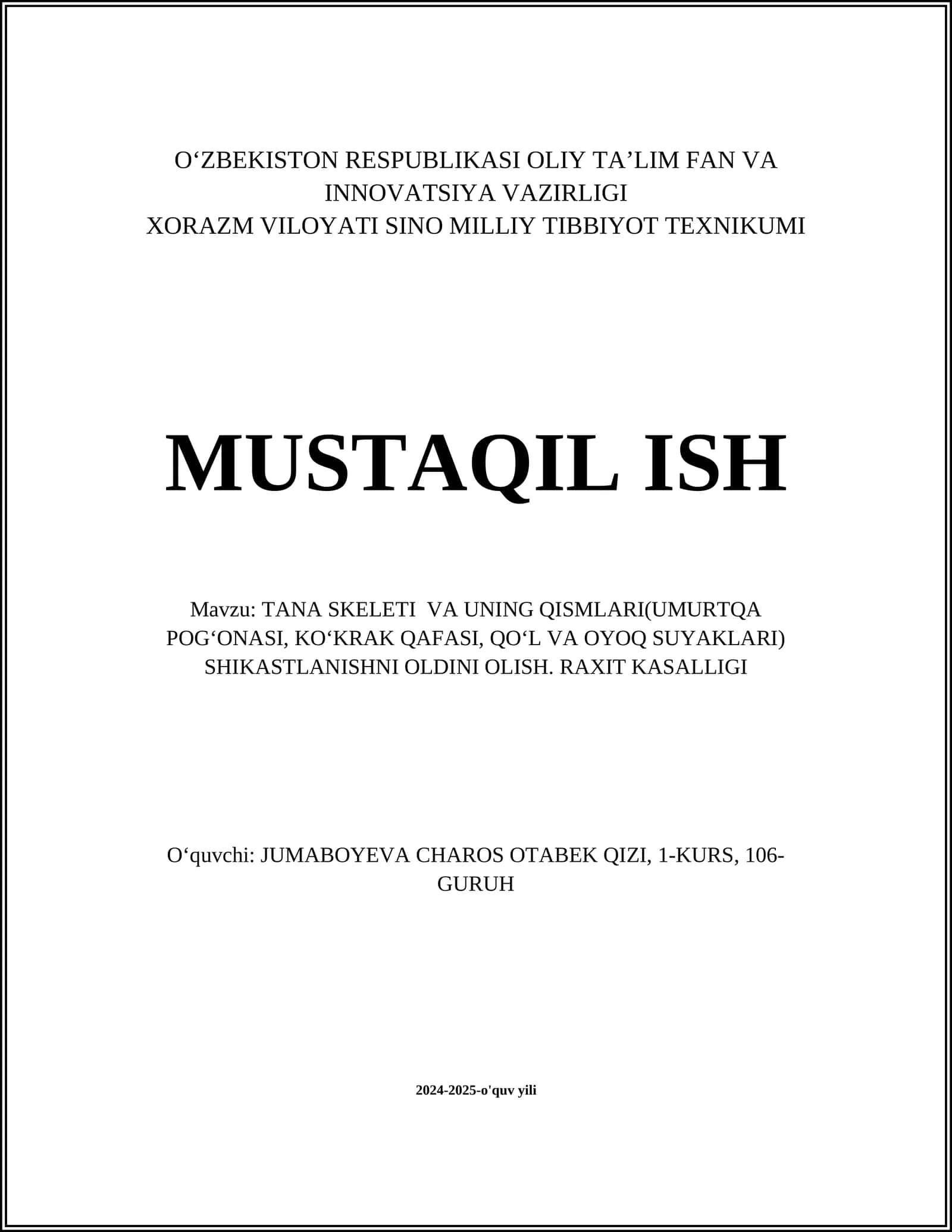 Tana skeleti va uning qismlari(umurtqa pogʻonasi, koʻkrak qafasi, qoʻl va oyoq suyaklari) 1
