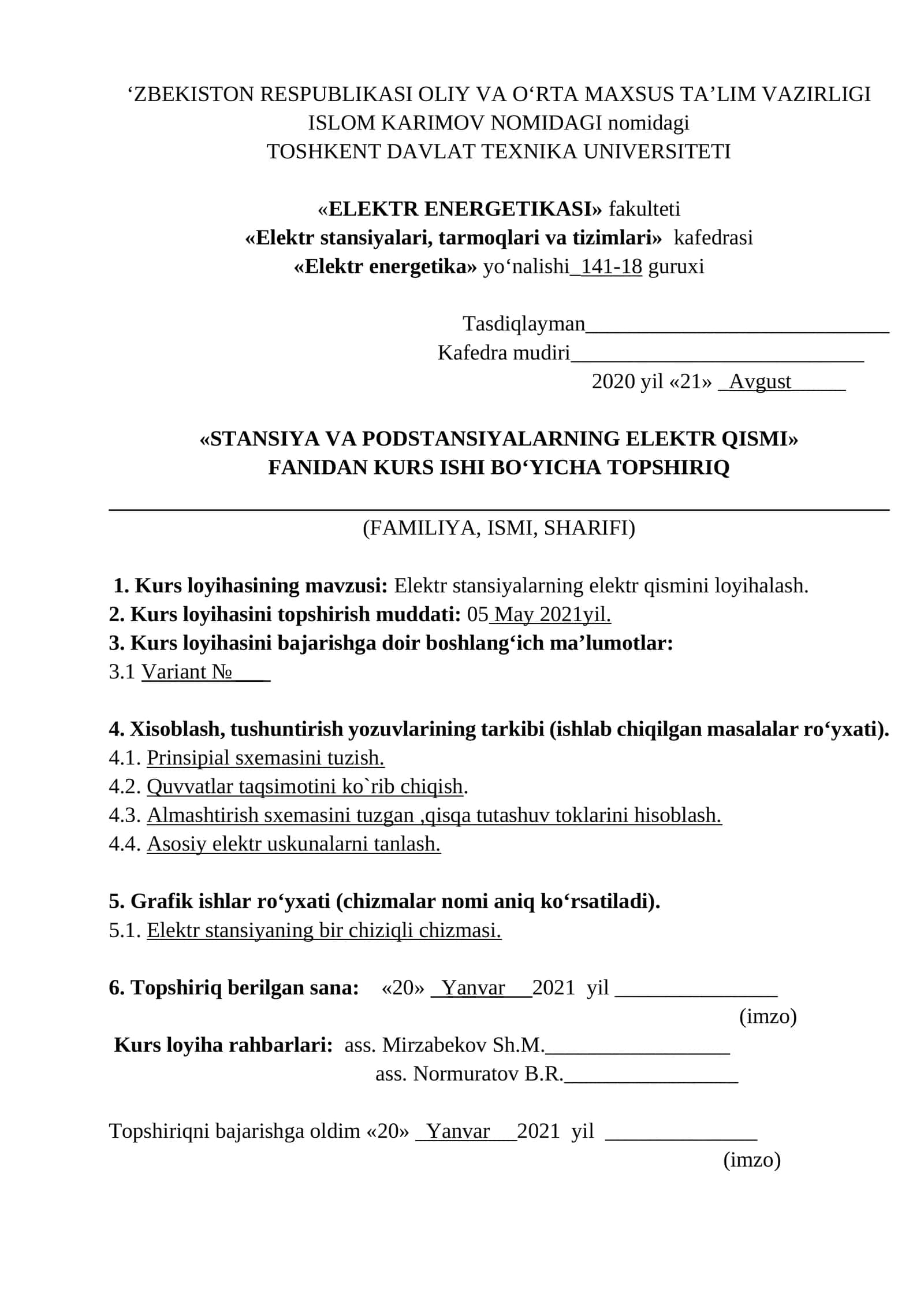 Elektr stansiyalarning elektr qismini loyihalash 1