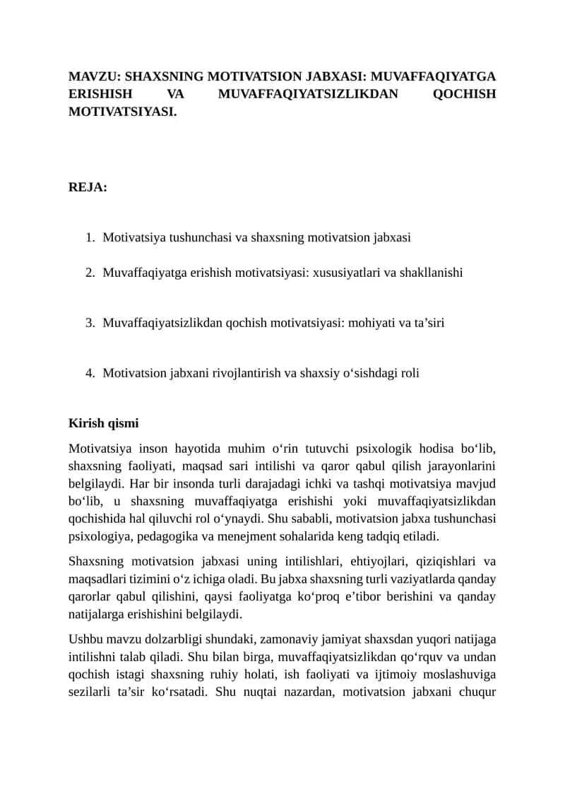 SHAXSNING MOTIVATSION JABXASI: MUVAFFAQIYATGA ERISHISH VA MUVAFFAQIYATSIZLIKDAN QOCHISH MOTIVATSIYASI 1