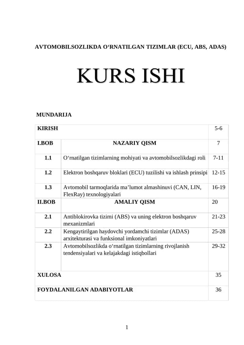 AVTOMOBILSOZLIKDA O‘RNATILGAN TIZIMLAR (ECU, ABS, ADAS) 1