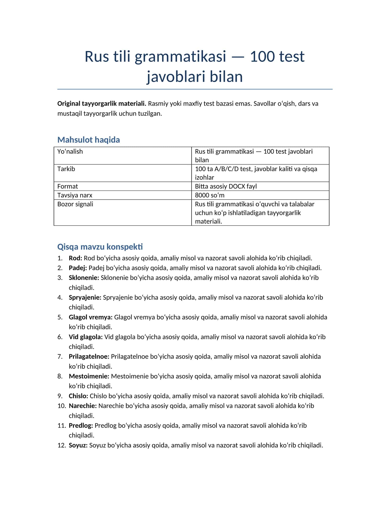 Rus tili grammatikasi — 100 test javoblari bilan 1