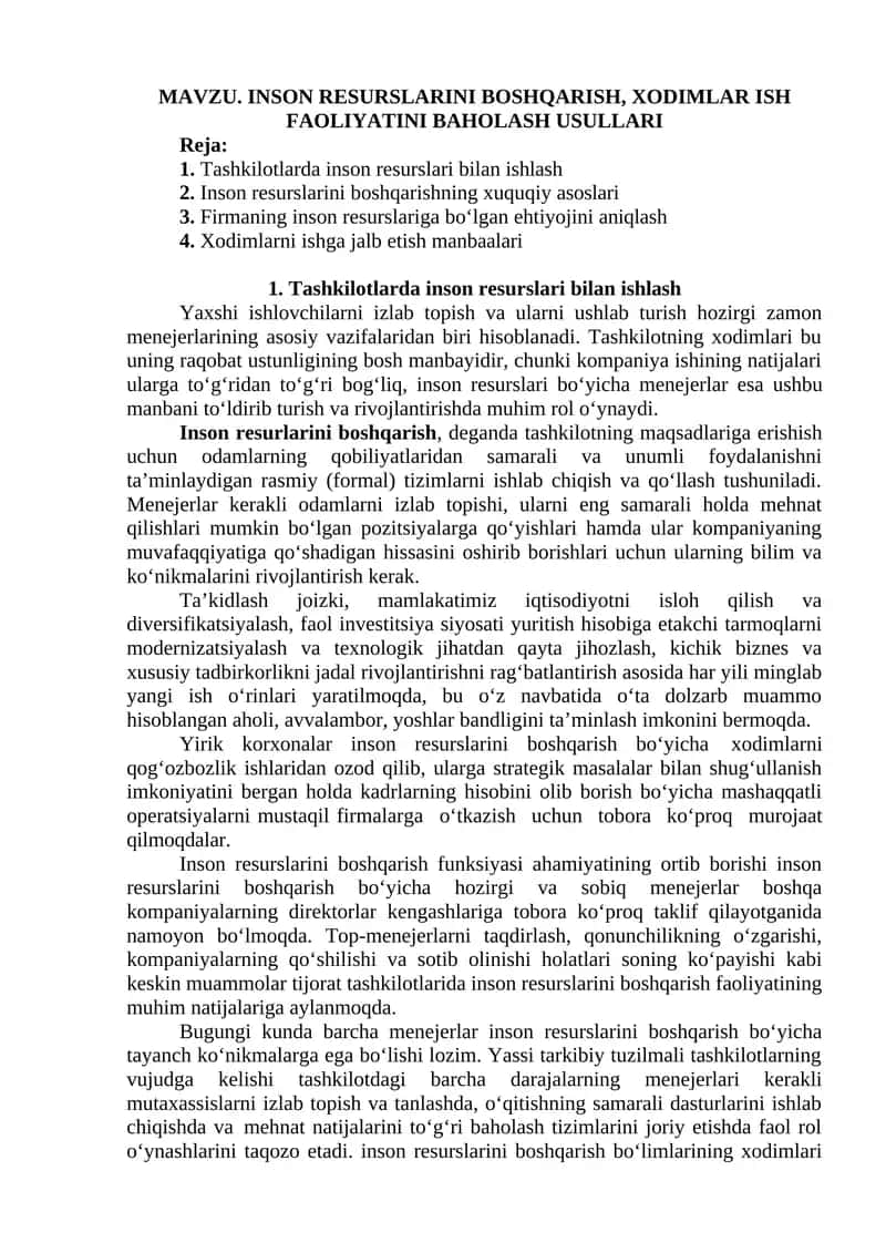 INSON RESURSLARINI BOSHQARISH, XODIMLAR ISH FAOLIYATINI BAHOLASH USULLARI 1