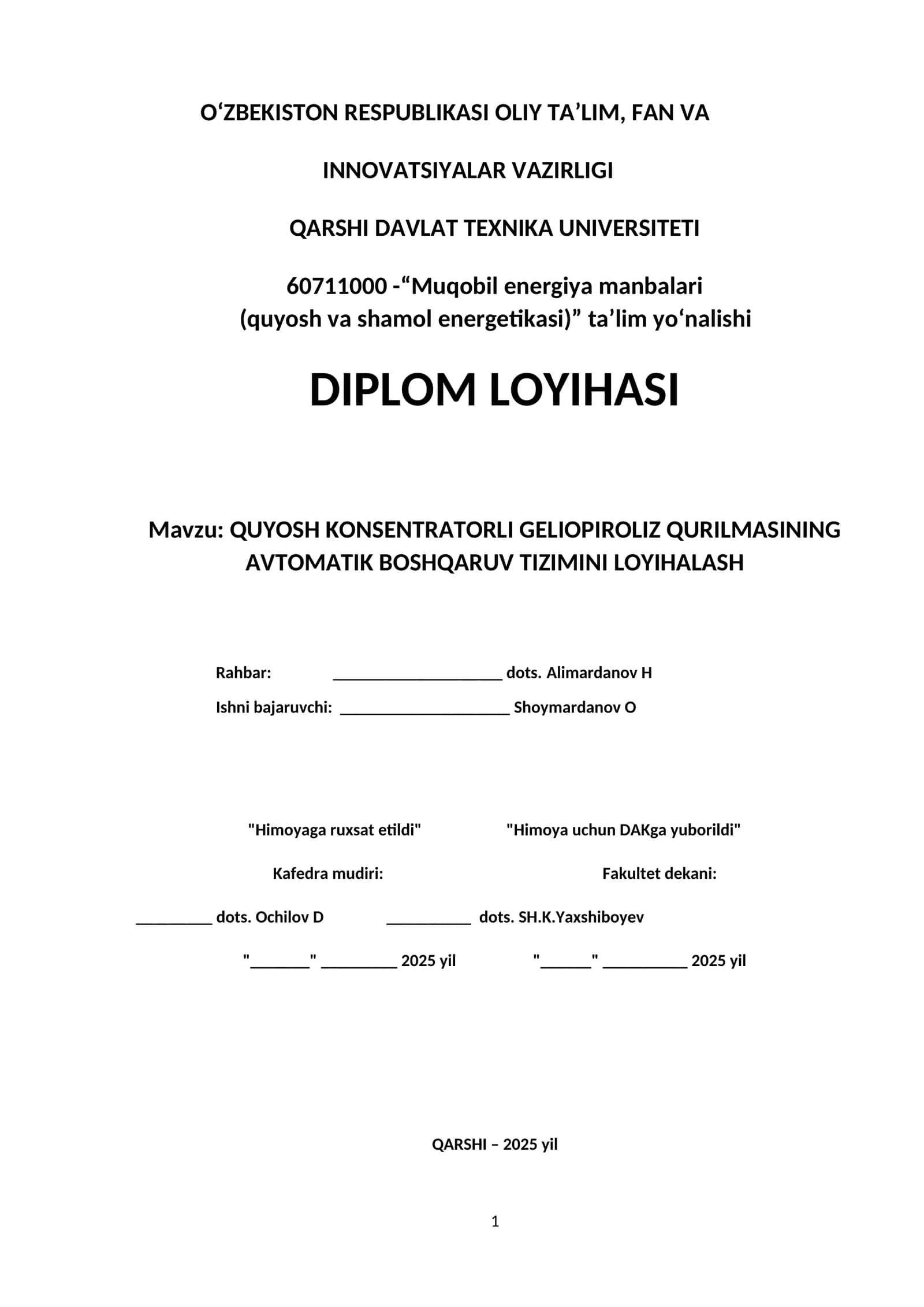QUYOSH KONSENTRATORLI GELIOPIROLIZ QURILMASINING AVTOMATIK BOSHQARUV TIZIMINI 1