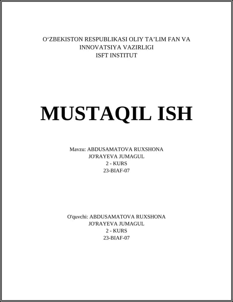 ABDUSAMATOVA RUXSHONA JO'RAYEVA JUMAGUL 1