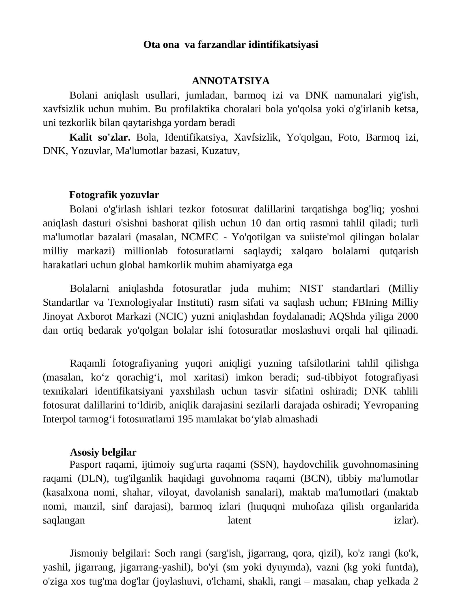 Ota ona va farzandlar idintifikatsiyasi 1
