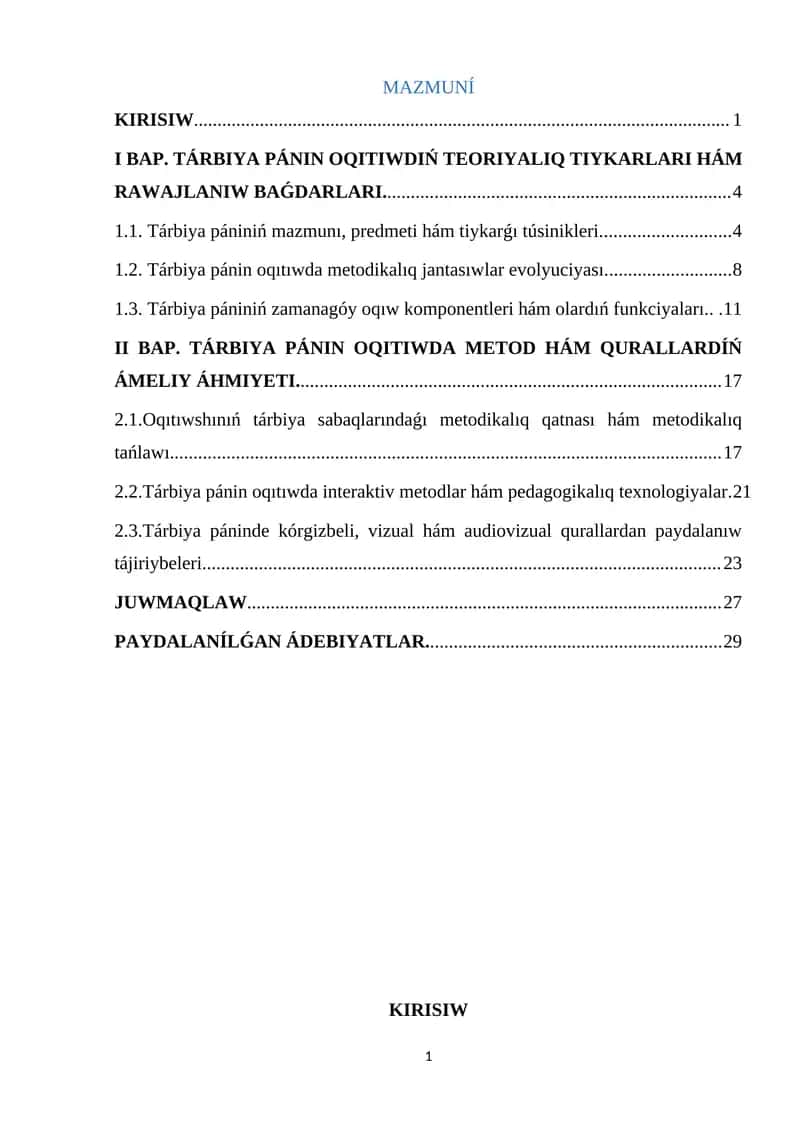 Tárbiya Pániniń Oqıtılıwı 1