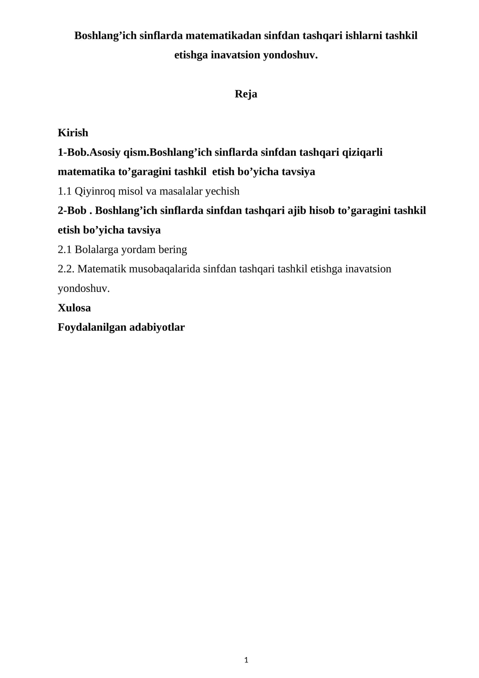 Boshlang’ich sinflarda matematikadan sinfdan tashqari ishlarni tashkil etishga inavatsion yondoshuv 1