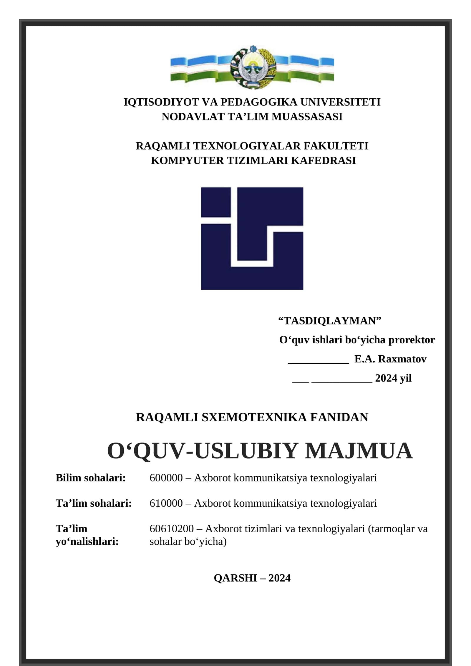 RAQAMLI SXEMOTEXNIKA FANIDAN OʻQUV-USLUBIY MAJMUA 1