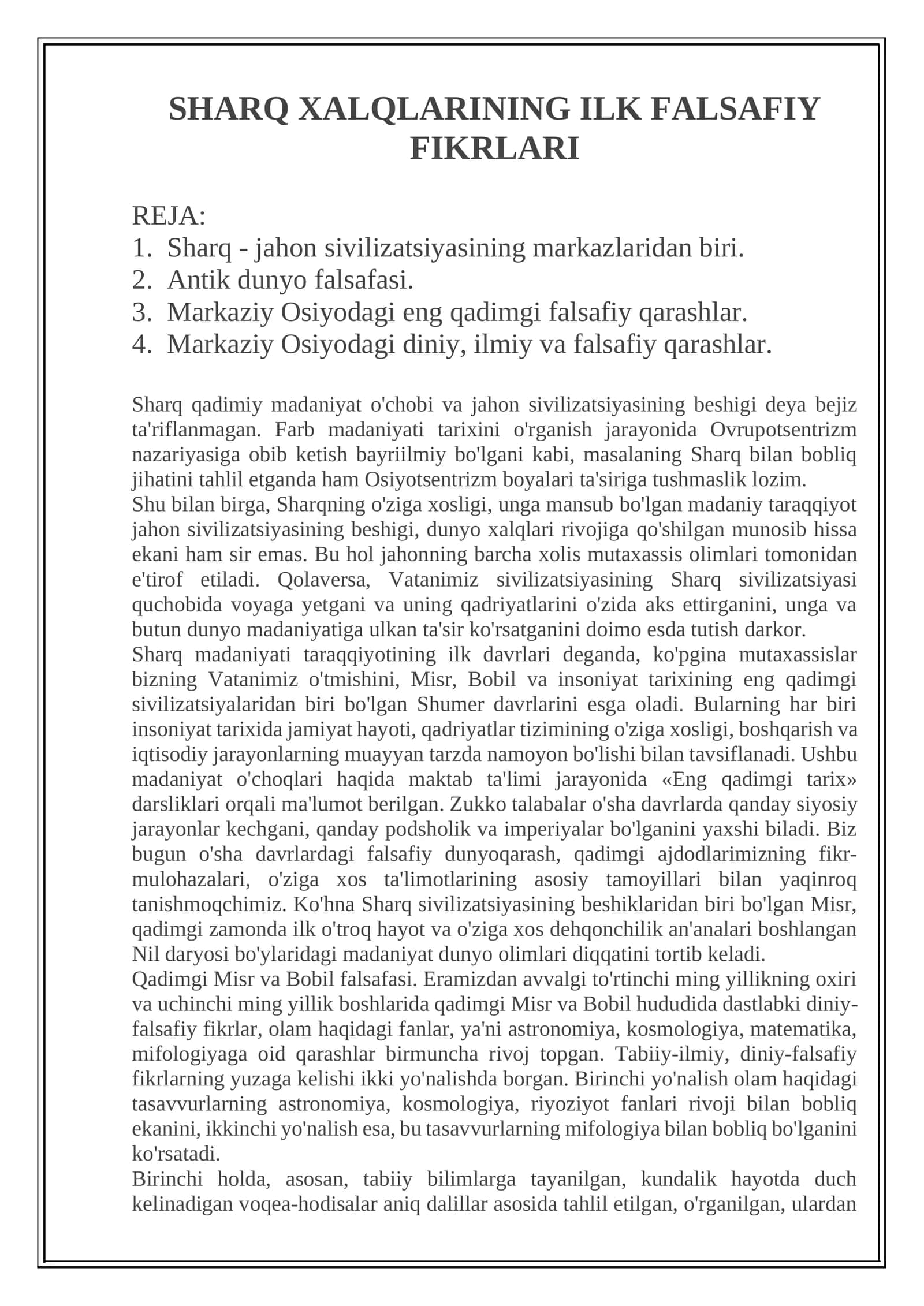Sharq Xalqlarining Ilk Falsafiy Fikrlari 1