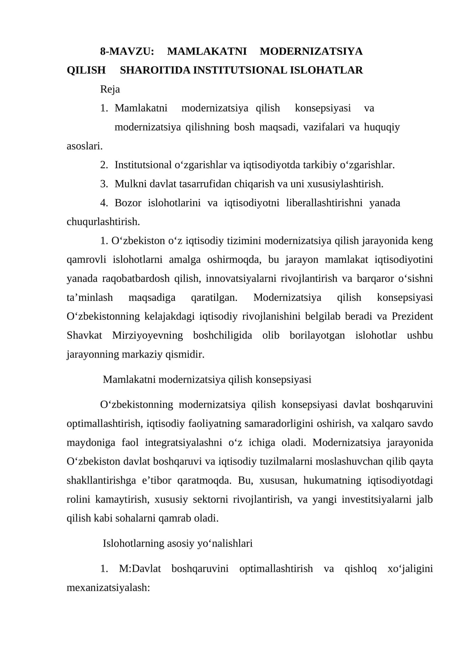 MAMLAKATNI MODERNIZATSIYA QILISH SHAROITIDA INSTITUTSIONAL ISLOHATLAR 1
