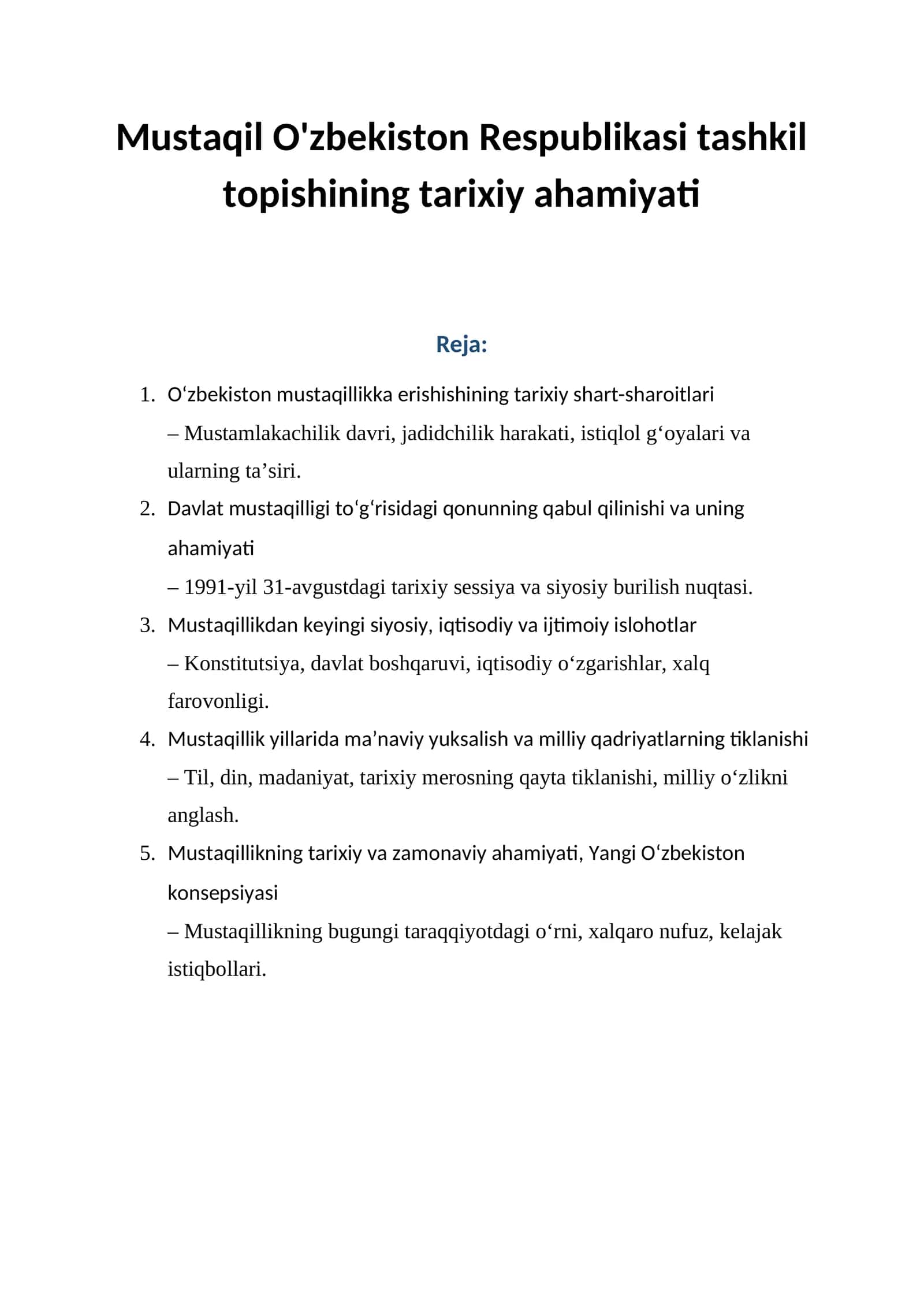 Mustaqil O'zbekiston Respublikasi tashkil topishining tarixiy ahamiyati 1