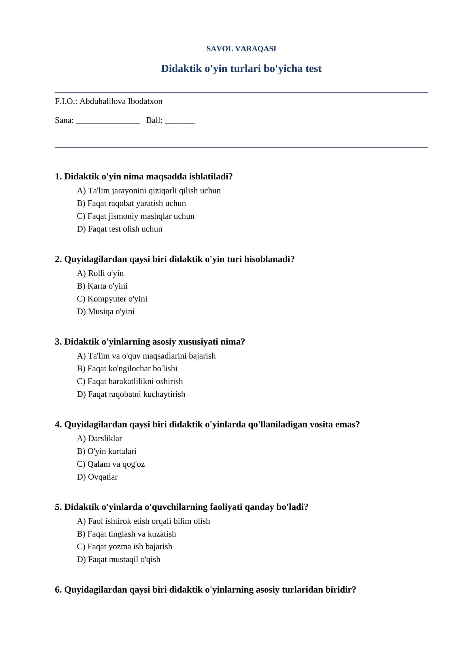 Didaktik o'yin turlari bo'yicha test 1