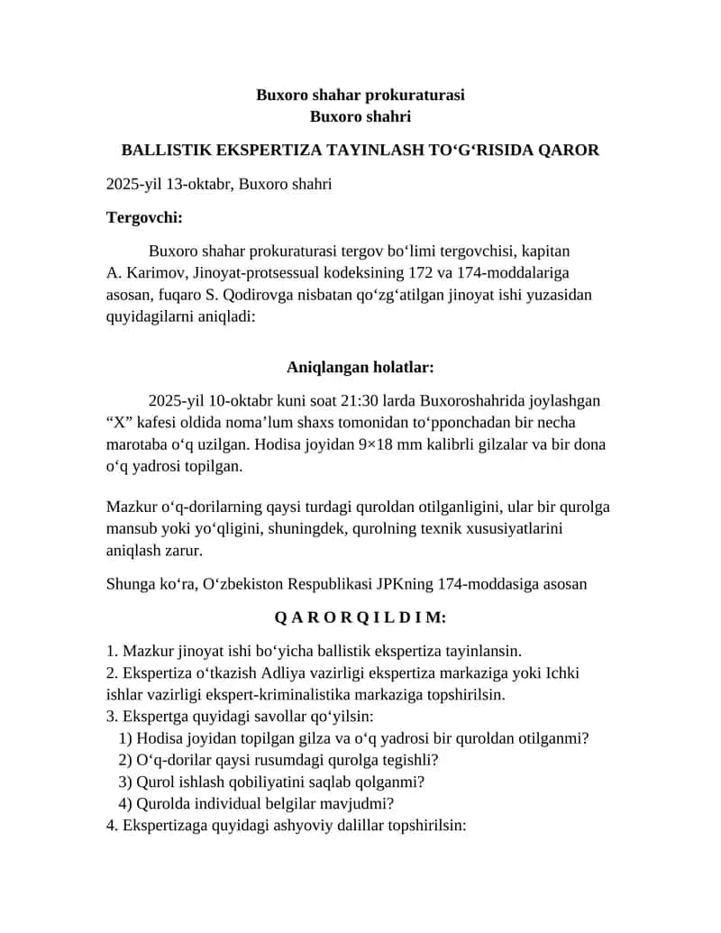 BALLISTIK EKSPERTIZA TAYINLASH NAMUNA 1