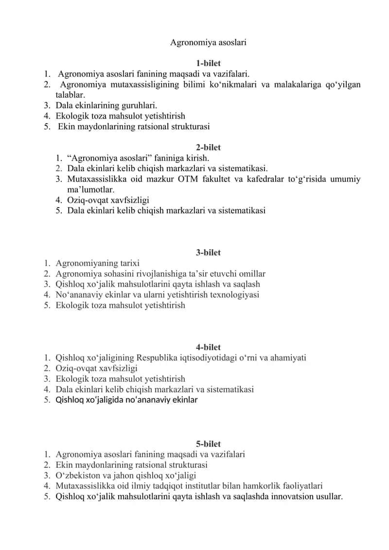 Agronomiya asoslari  fanidan tayyorlanish uchun biletlar 1