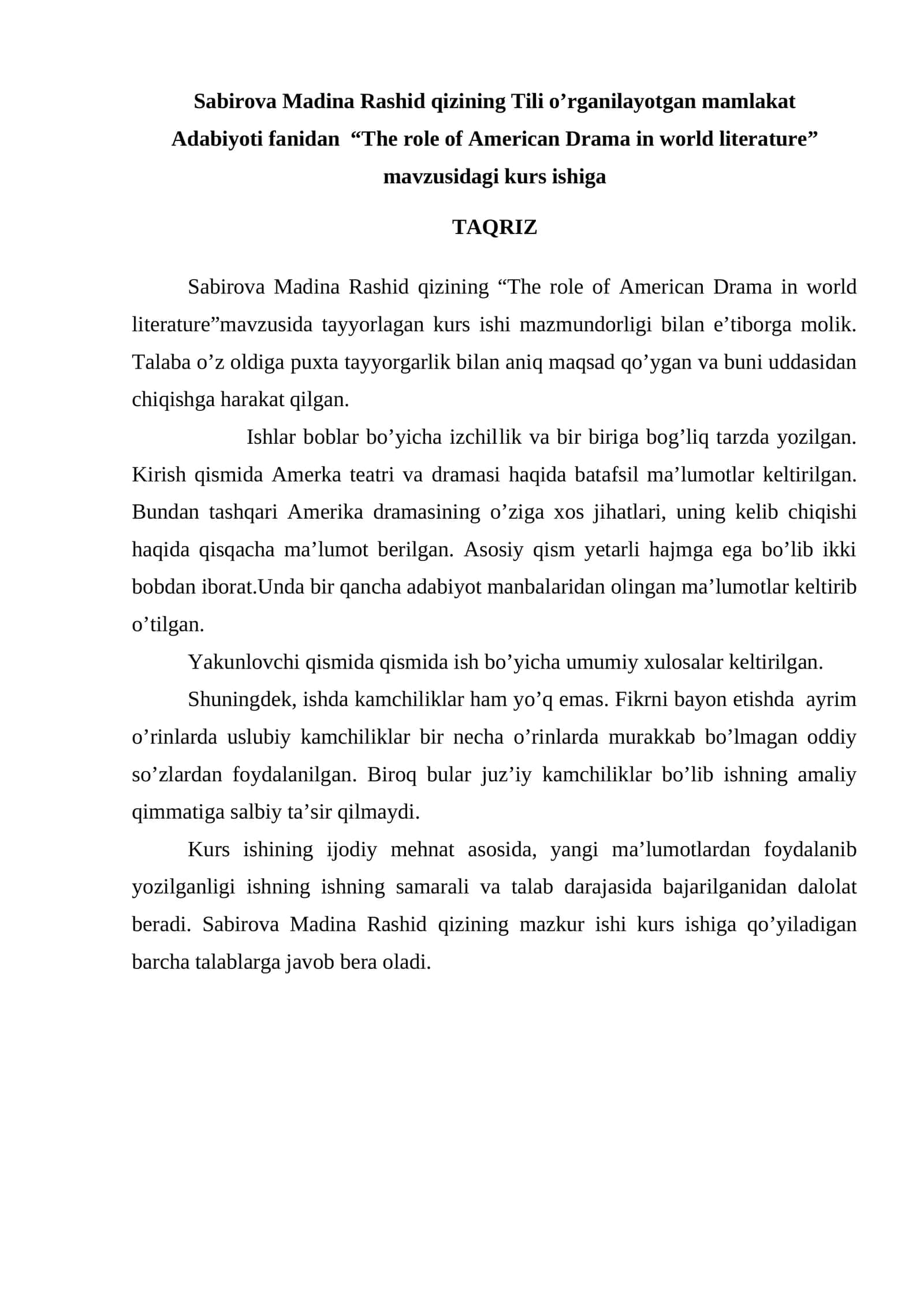 The role of American Drama in world literature kurs ishi 1