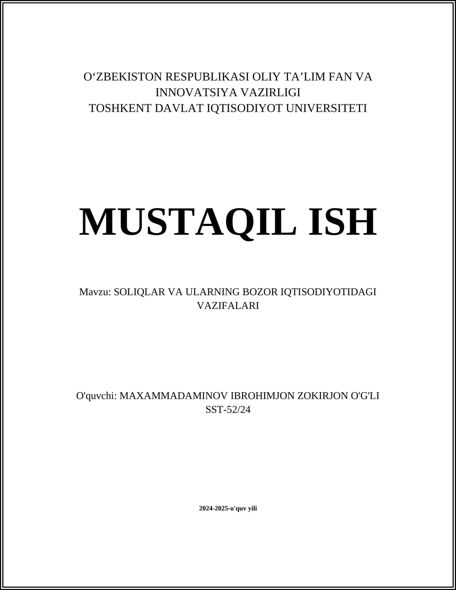 SOLIQLAR VA ULARNING BOZOR IQTISODIYOTIDAGI VAZIFALARI 1