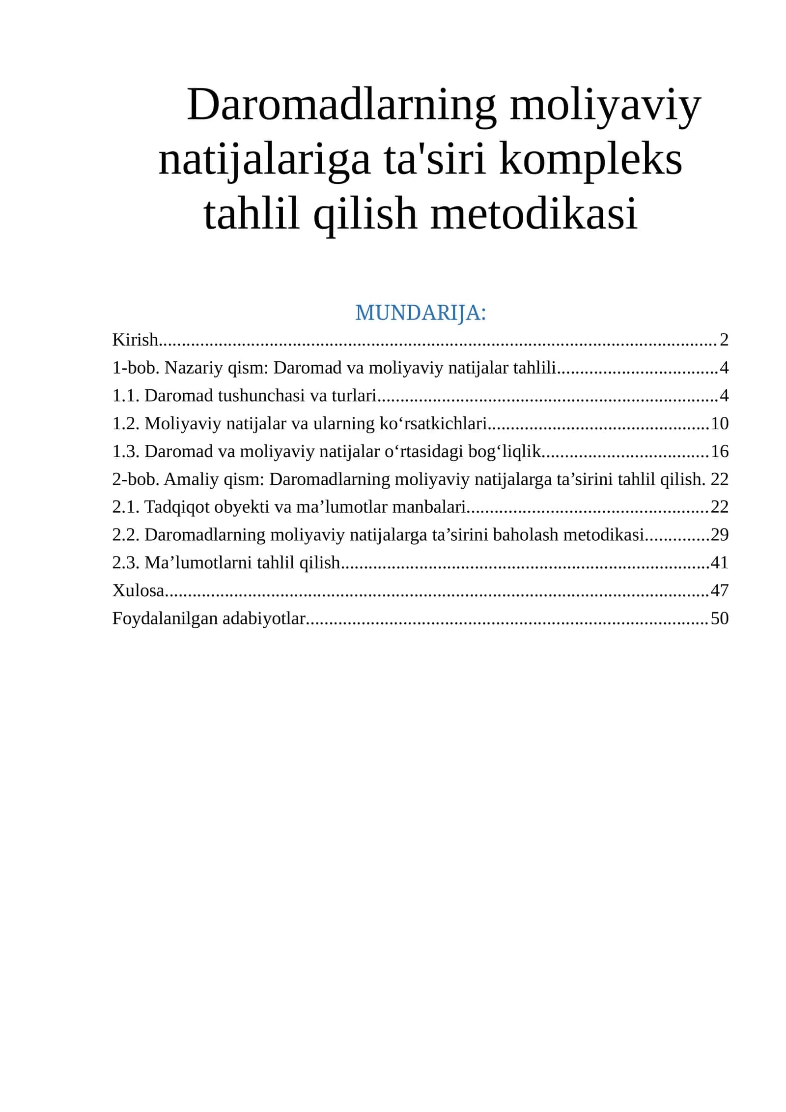 Daromadlarning moliyaviy natijalariga ta'siri kompleks tahlil qilish metodikasi 1