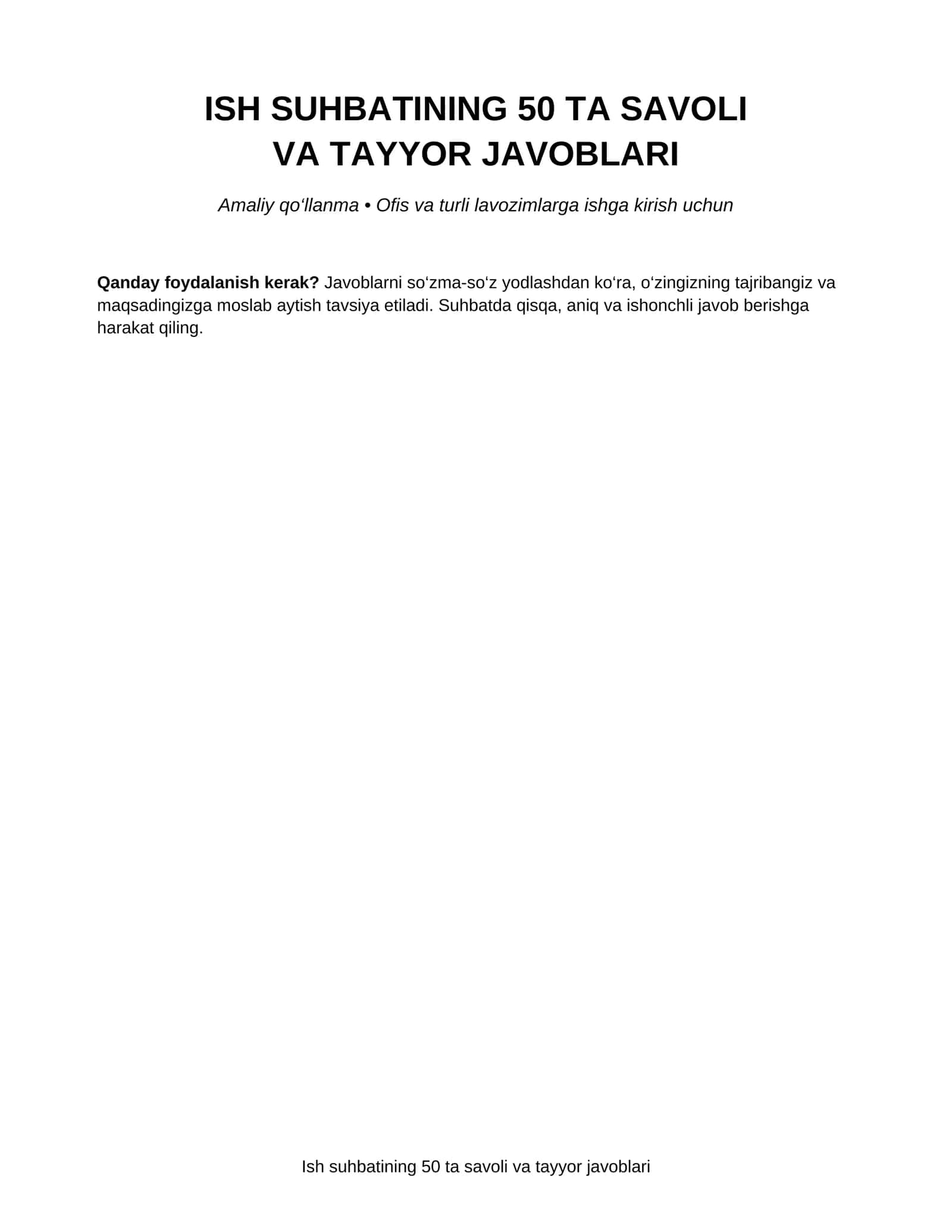 ISH SUHBATINING 50 TA SAVOLI VA TAYYOR JAVOBLARI 1