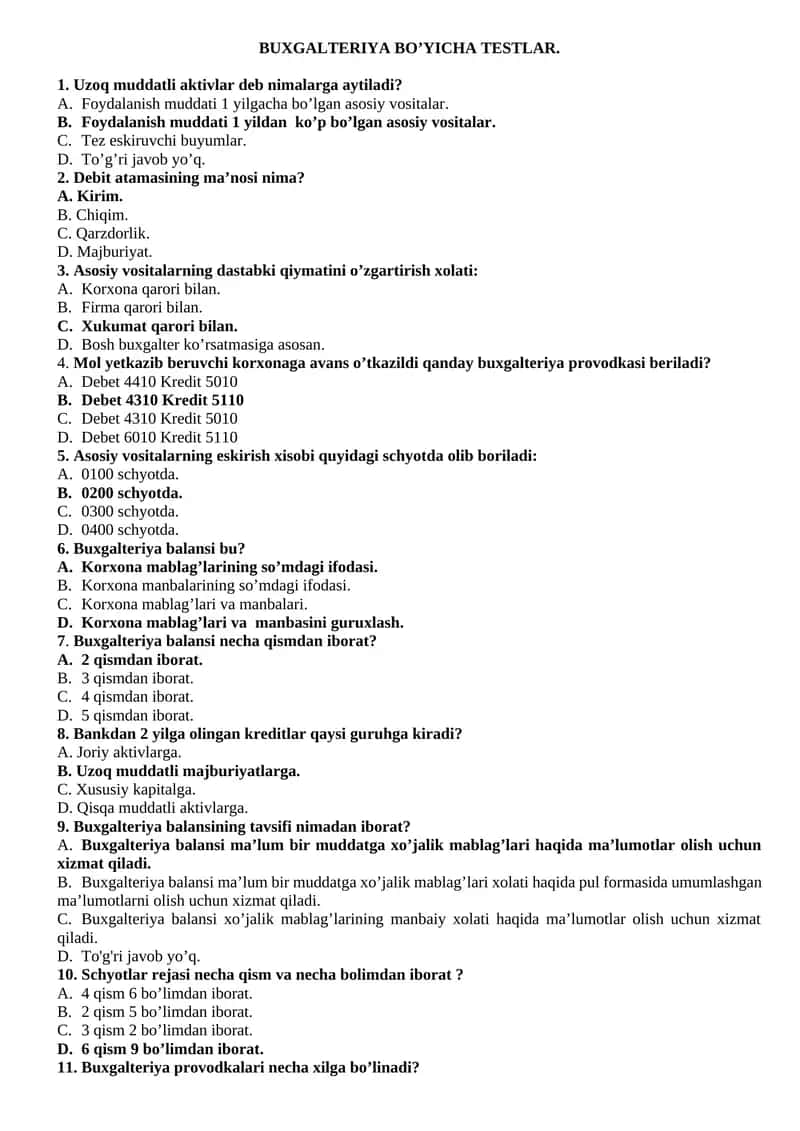 BUXGALTERIYA BO’YICHA TESTLAR 1
