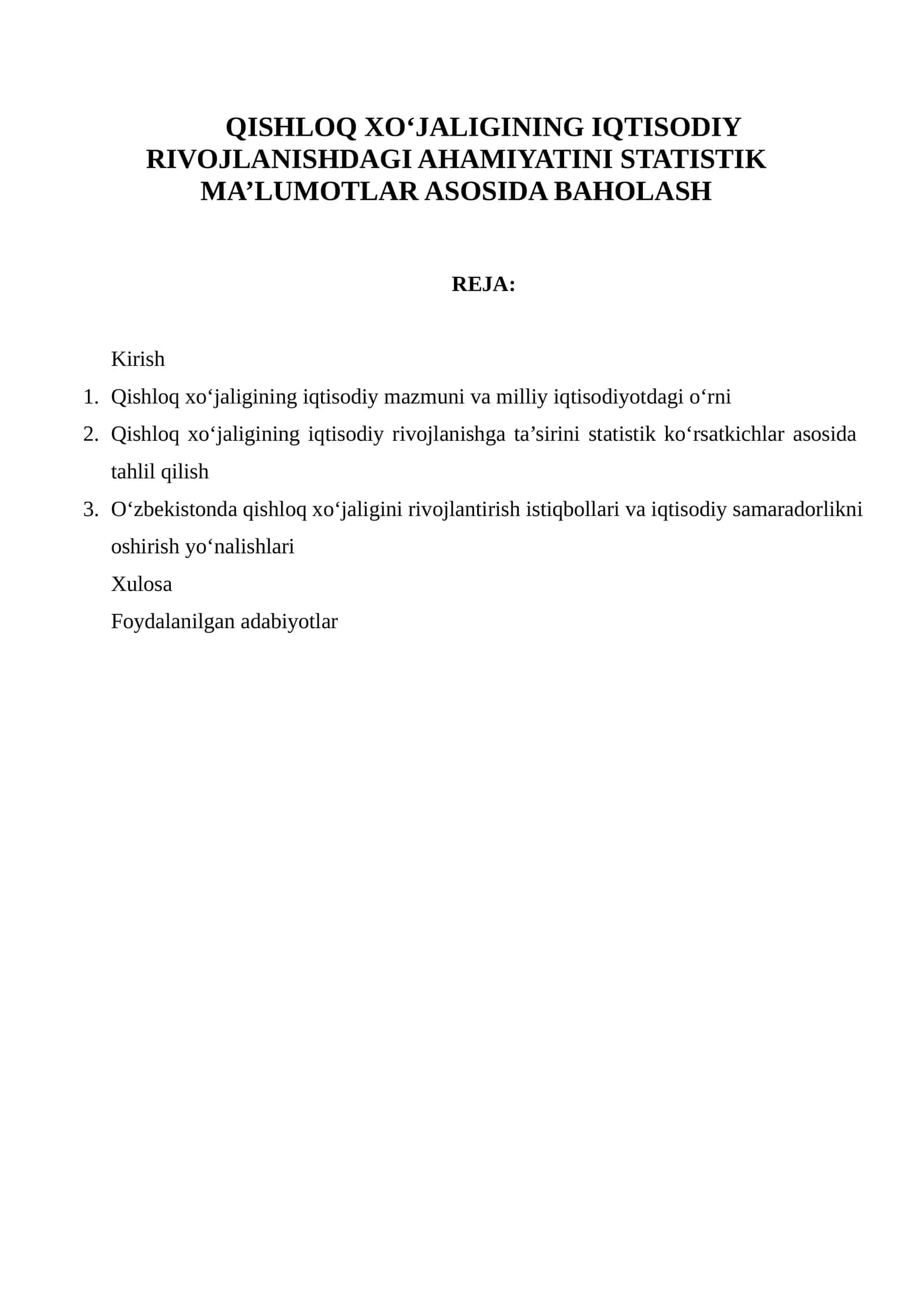 QISHLOQ XO‘JALIGINING IQTISODIY RIVOJLANISHDAGI AHAMIYATINI STATISTIK MA’LUMOTLAR ASOSIDA BAHOLASH 1