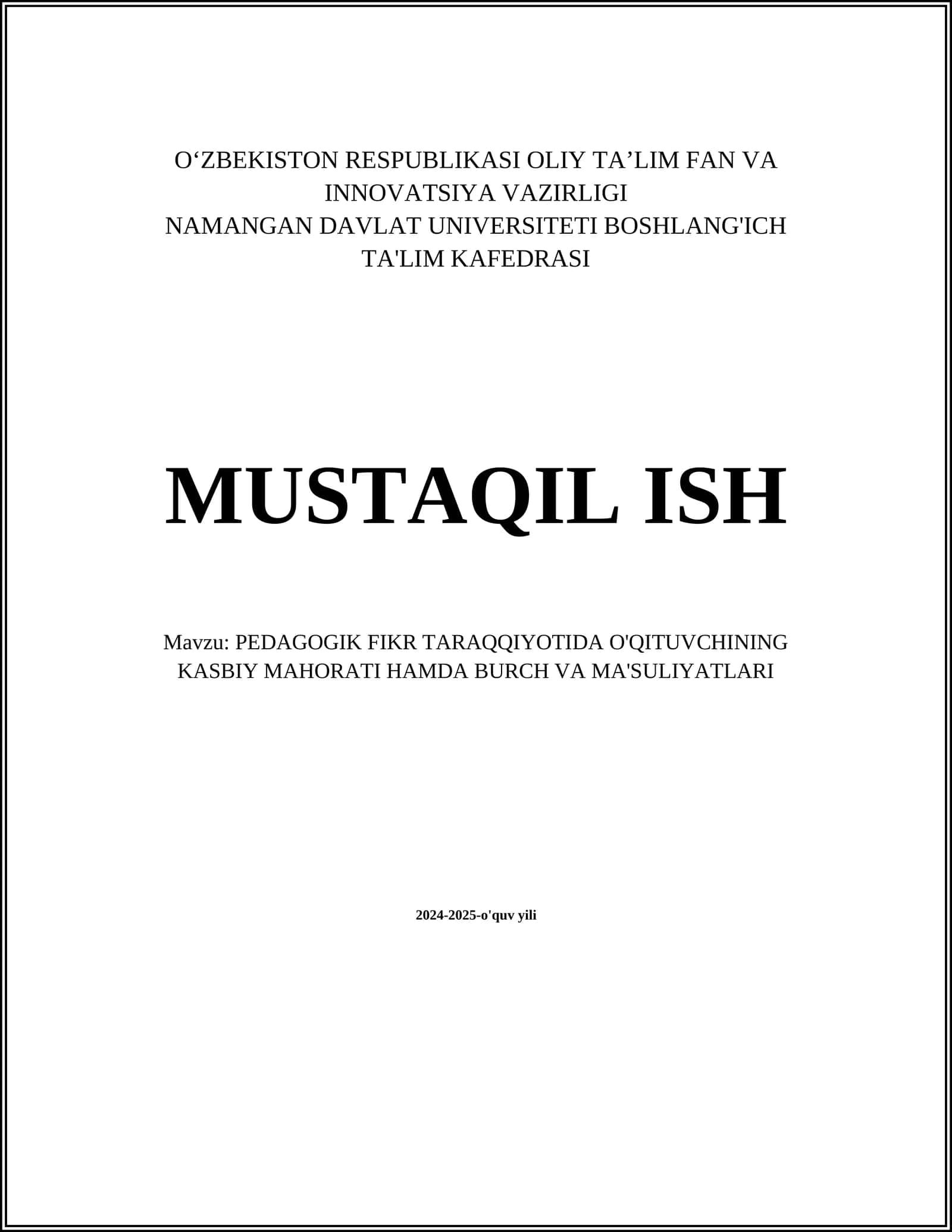 PEDAGOGIK FIKR TARAQQIYOTIDA O'QITUVCHINING KASBIY MAHORATI HAMDA BURCH VA MA'SULIYATLARI 1