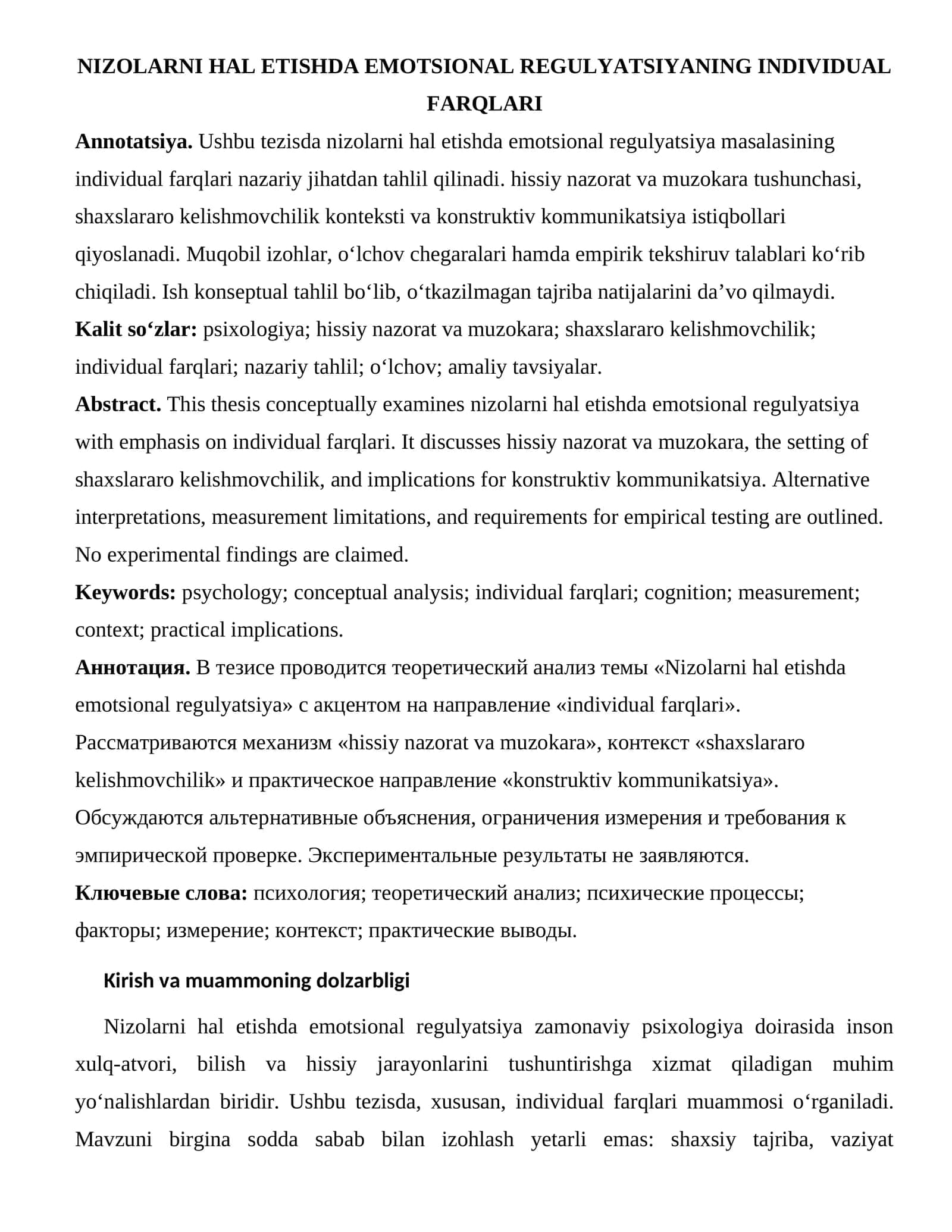 NIZOLARNI HAL ETISHDA EMOTSIONAL REGULYATSIYANING INDIVIDUAL FARQLARI 1