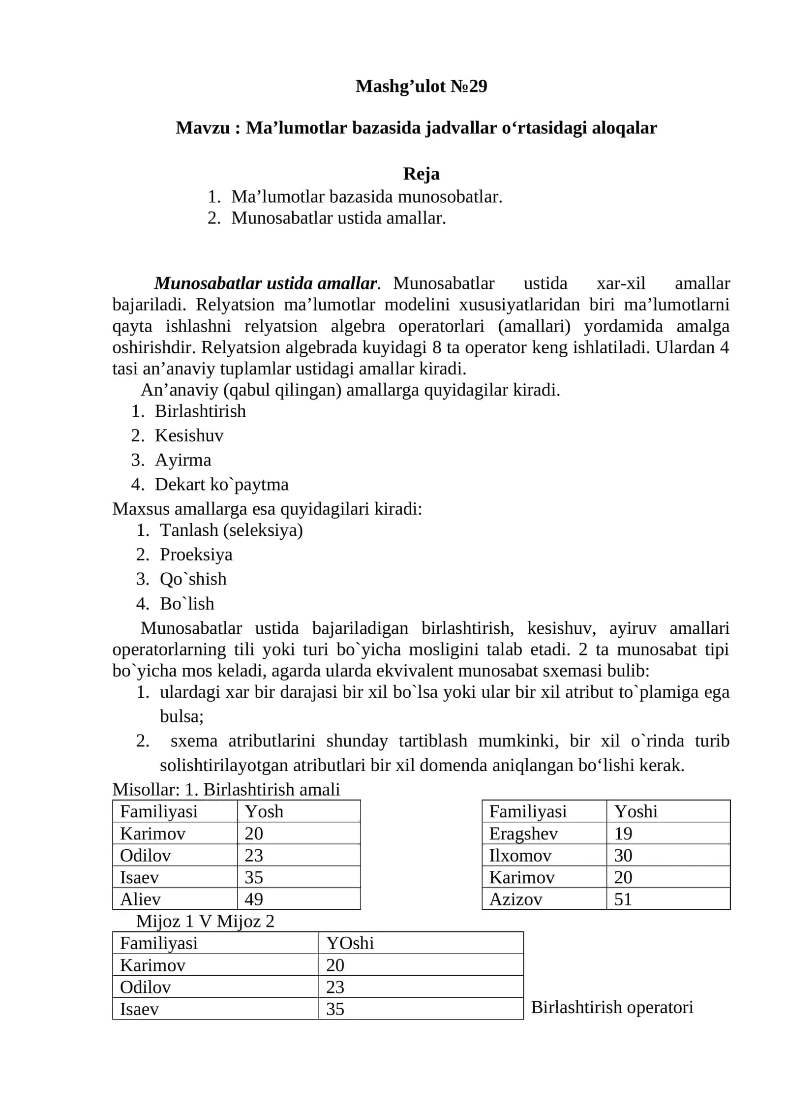 Malumotlar nazasida jadvallar bilan ishlash 1