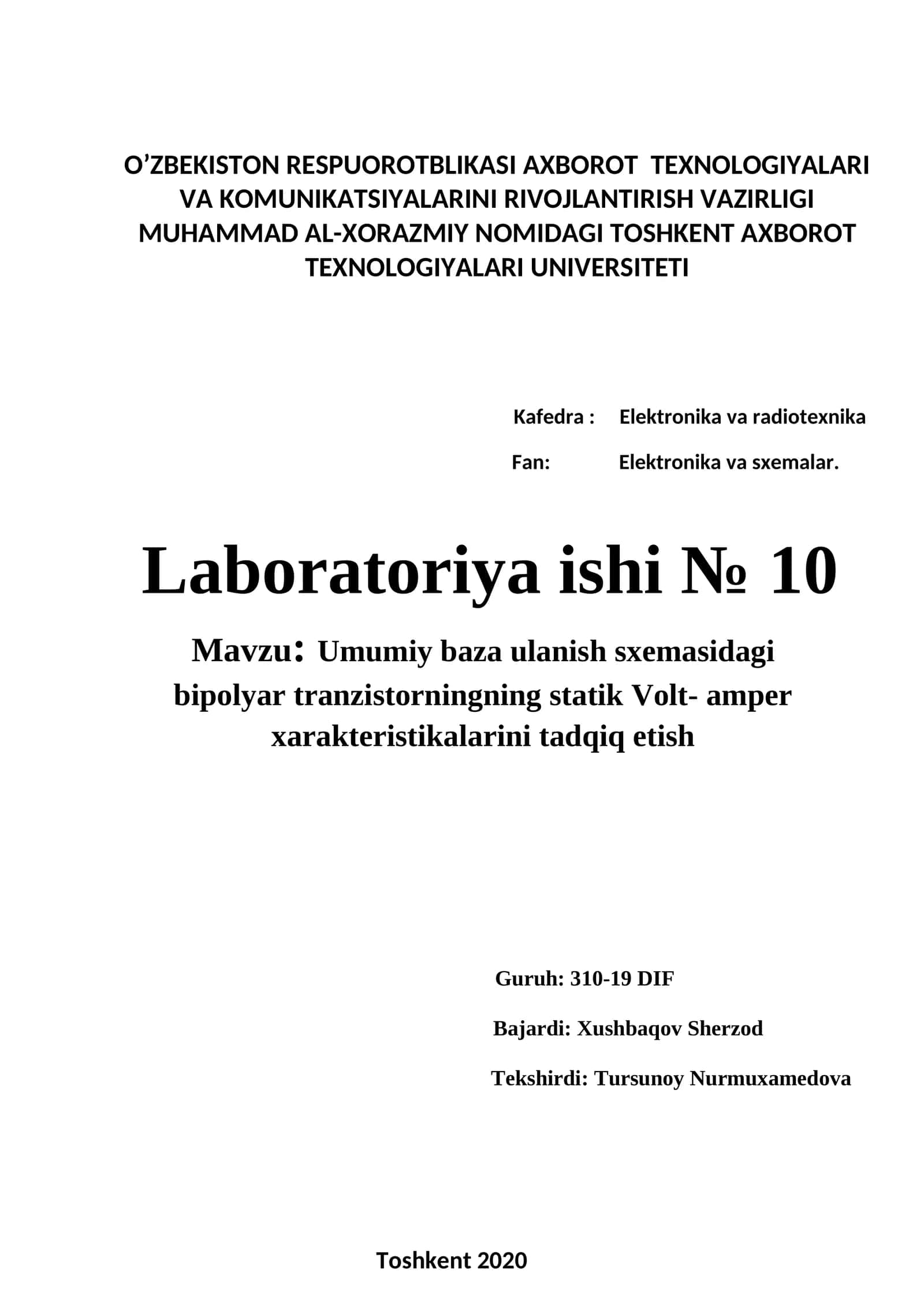 Umumiy baza ulanish sxemasidagi bipolyar tranzistorningning statik Volt-amper xarakteristikalarini tadqiq etish 1