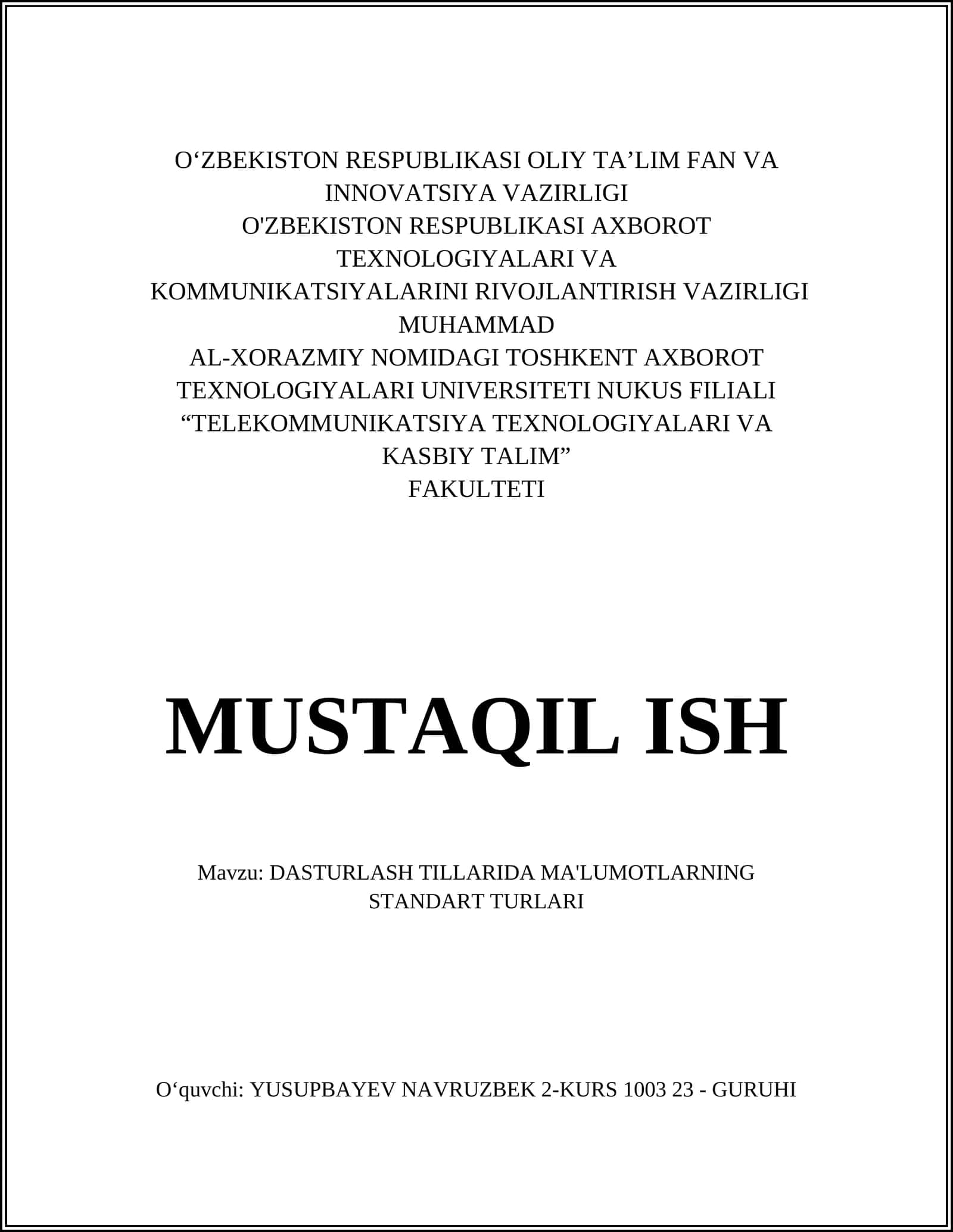 DASTURLASH TILLARIDA MA'LUMOTLARNING STANDART TURLARI 1