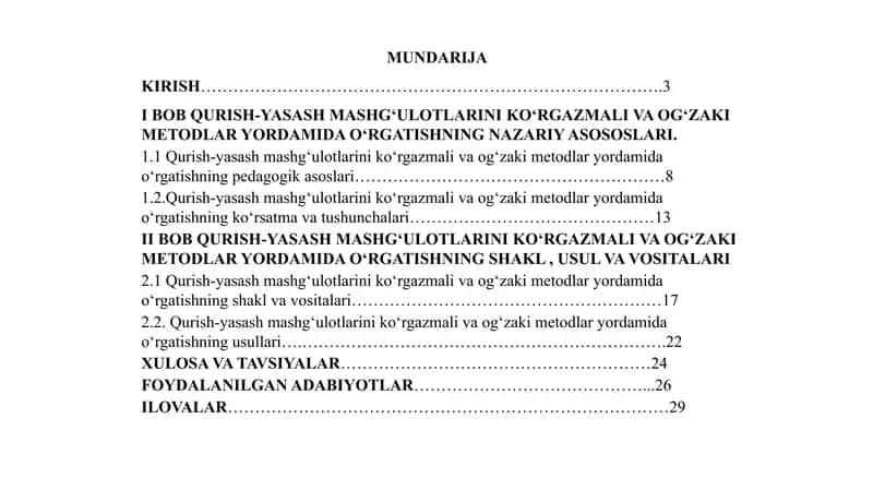 QURISH-YASASH MASHGʻULOTLARINI KOʻRGAZMALI VA OGʻZAKI METODLAR YORDAMIDA OʻRGATISHNING NAZARIY ASOSOSLARI 1