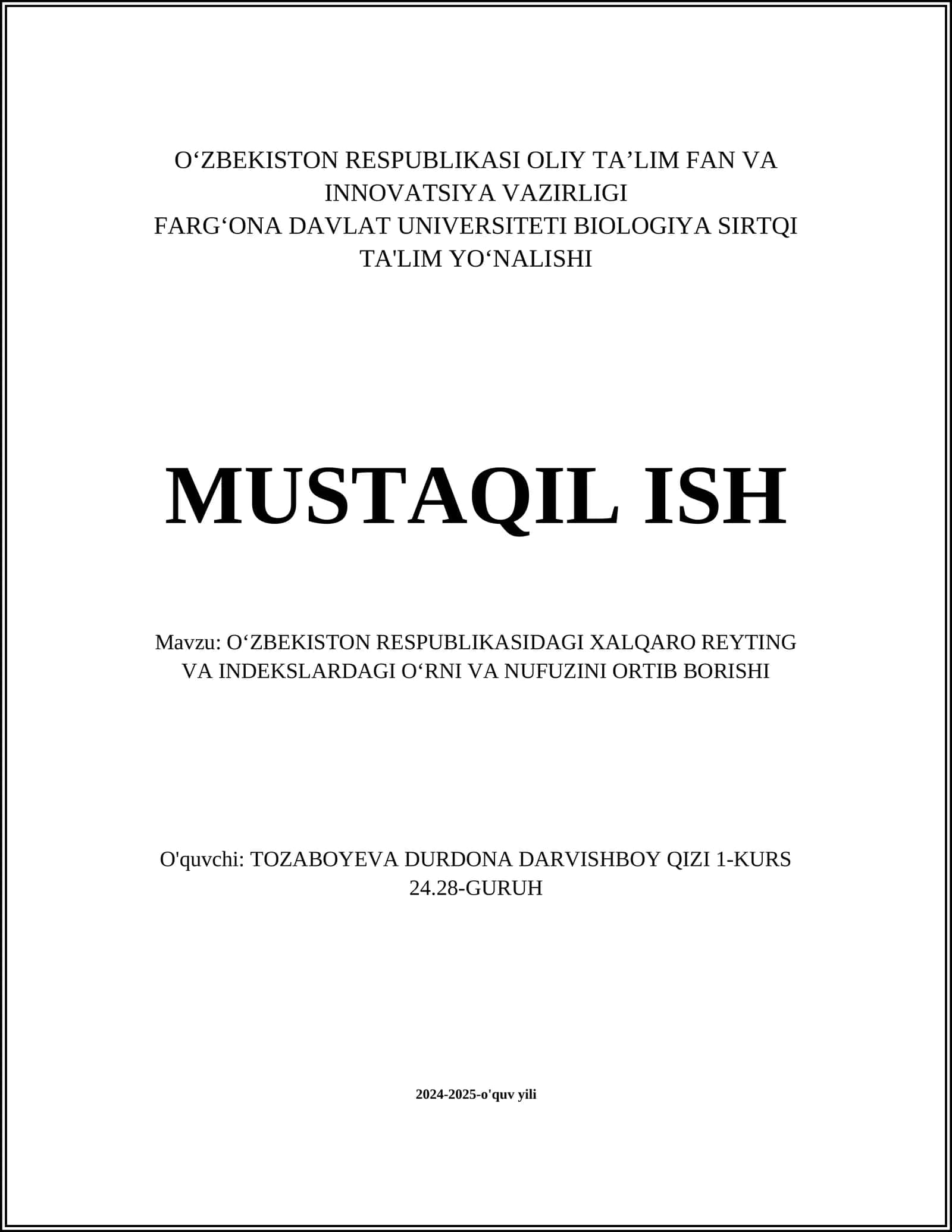 OʻZBEKISTON RESPUBLIKASIDAGI XALQARO REYTING VA INDEKSLARDAGI OʻRNI VA NUFUZINI ORTIB BORISHI 1