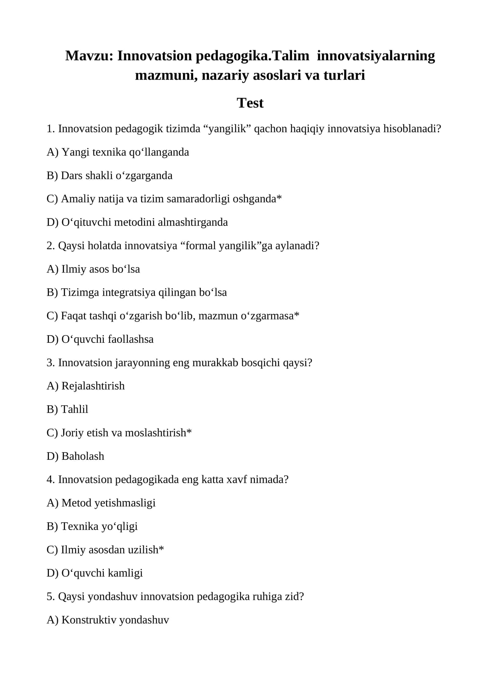 O'yin - maktabgacha  yoshdagi bolalarning asosiy faoliyati sifatida  test 1