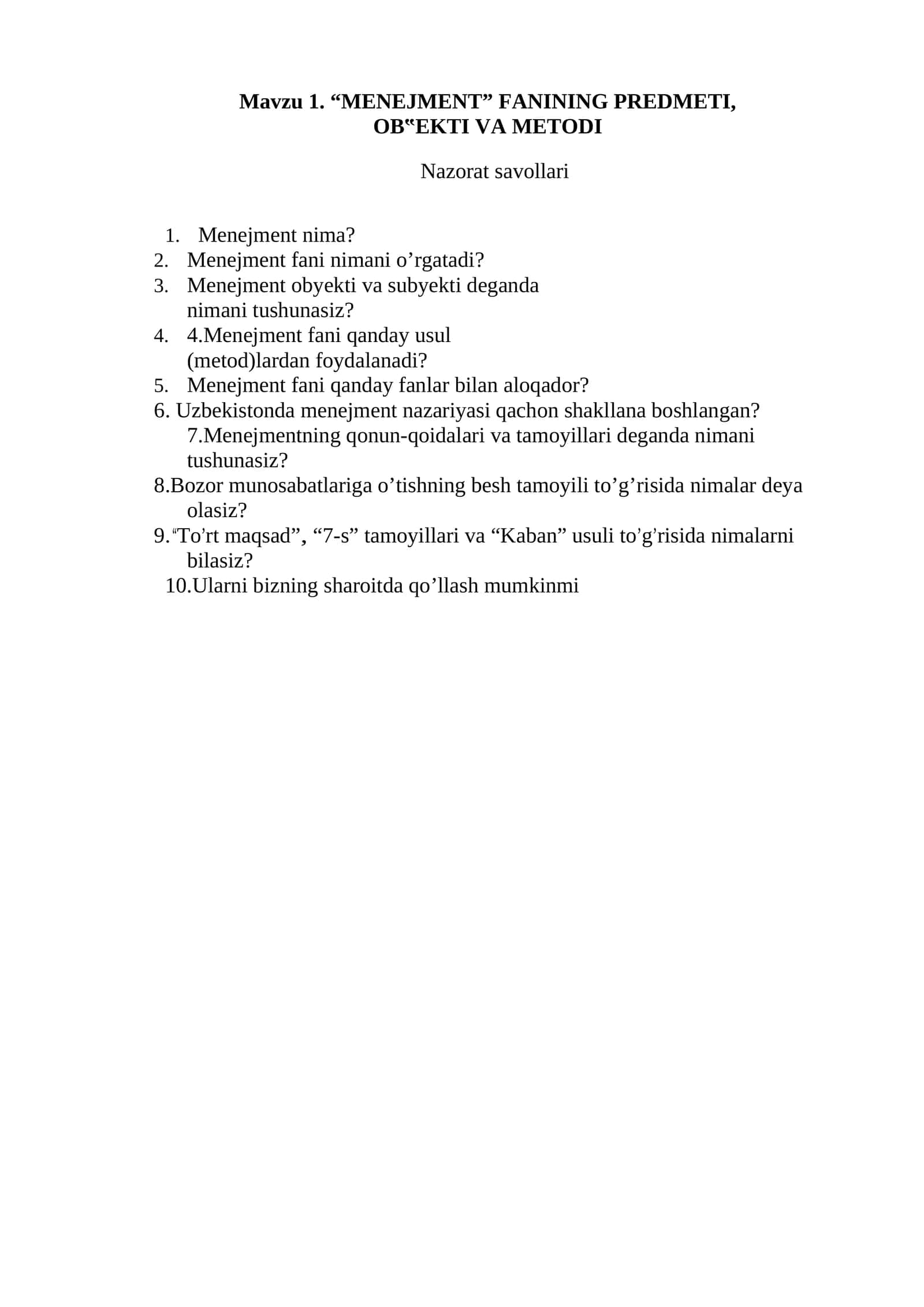 MENEJMENT FANINING PREDMETI, OB‟EKTI VA METODI 1
